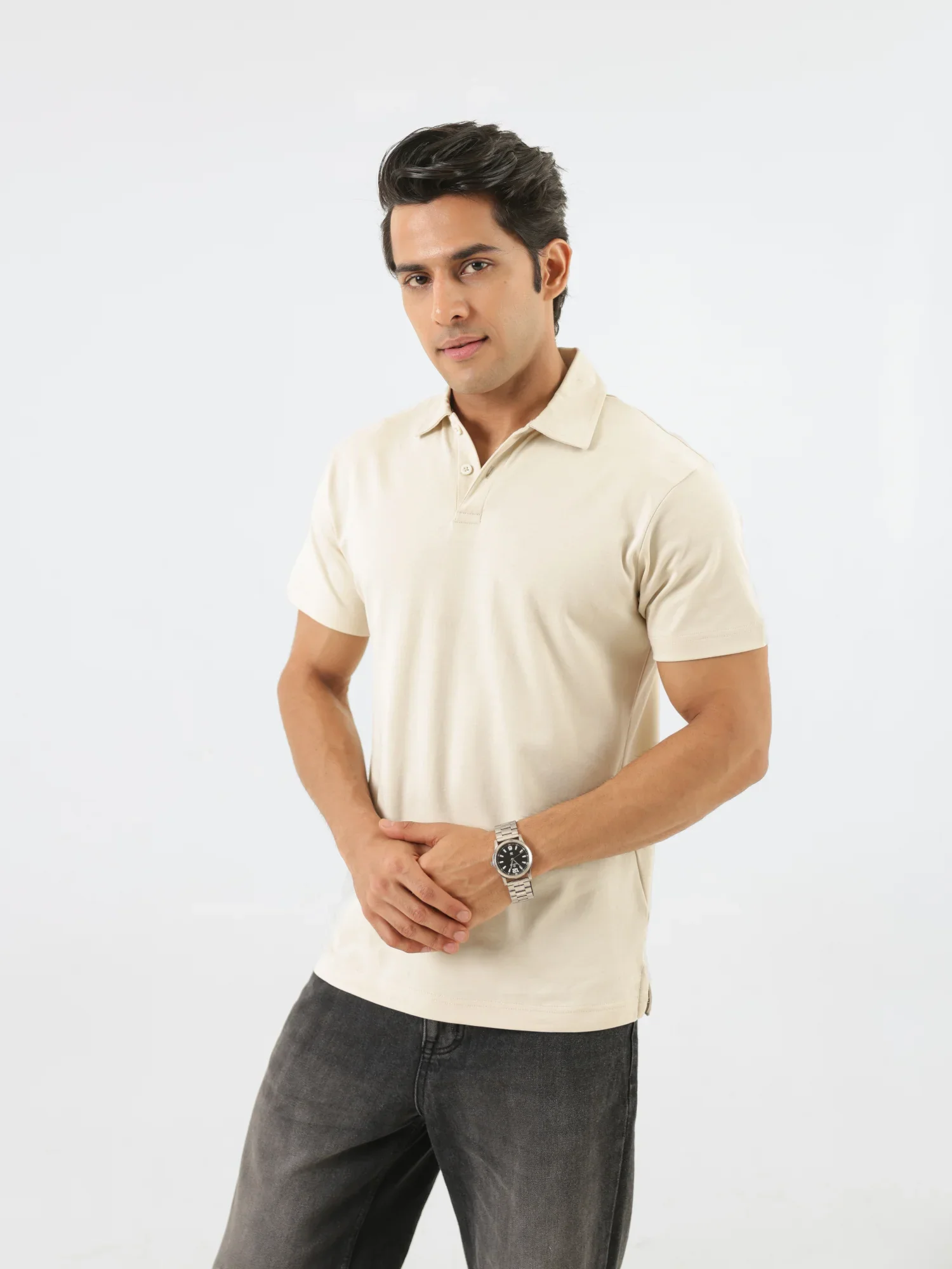 Men Beige Polo T-shirt - Image 7