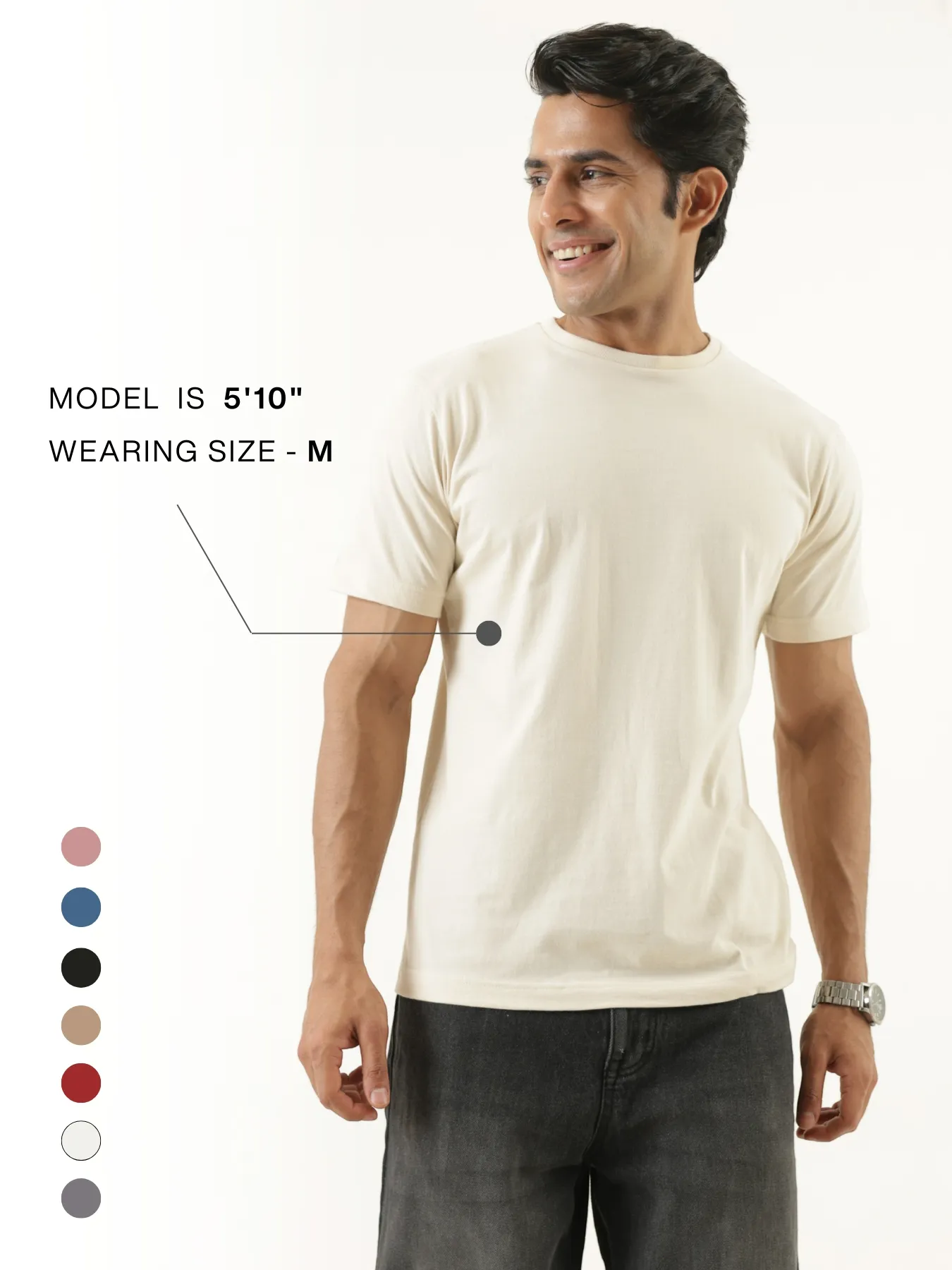 Men Beige Round Neck T-shirt - Image 10