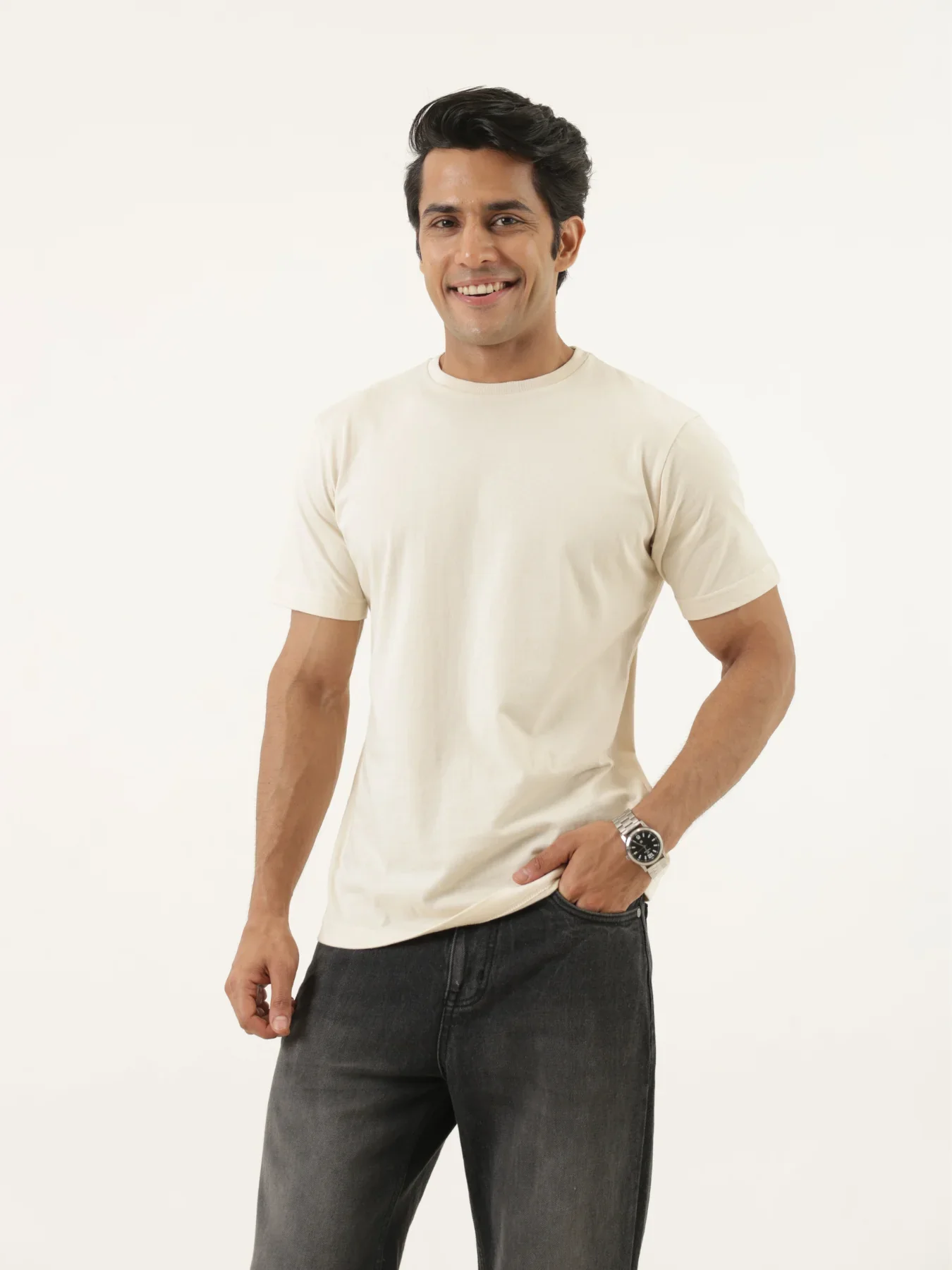 Men Beige Round Neck T-shirt - Image 3