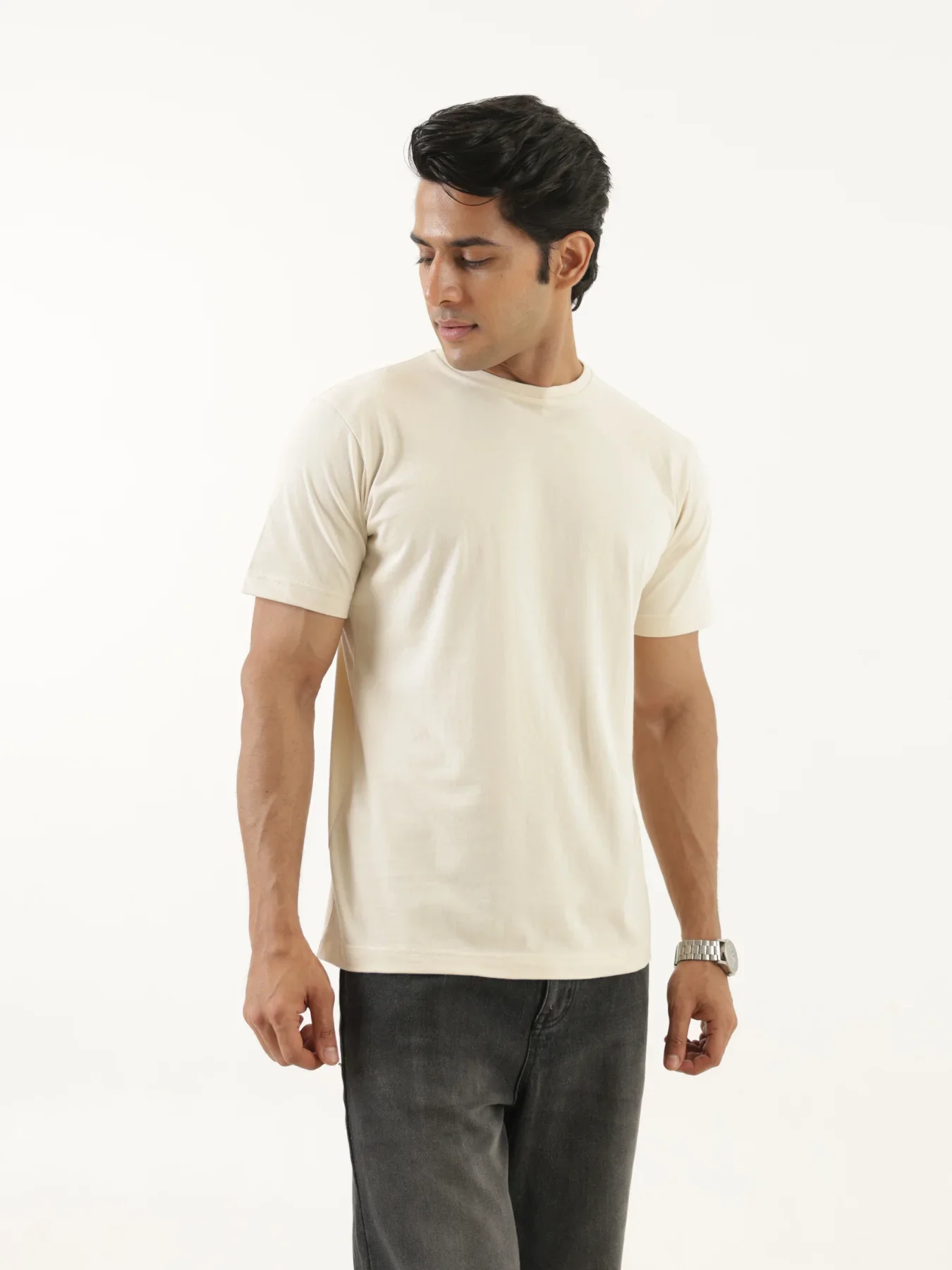 Men Beige Round Neck T-shirt - Image 5