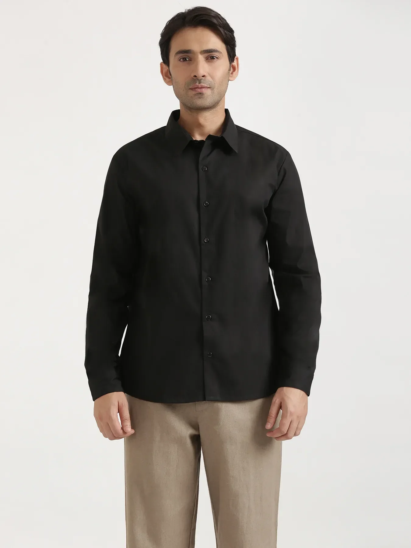 Men Black Better Cotton Full Sleeve Shirt & Khakhi Linen Blend Straight Pant - Image 2
