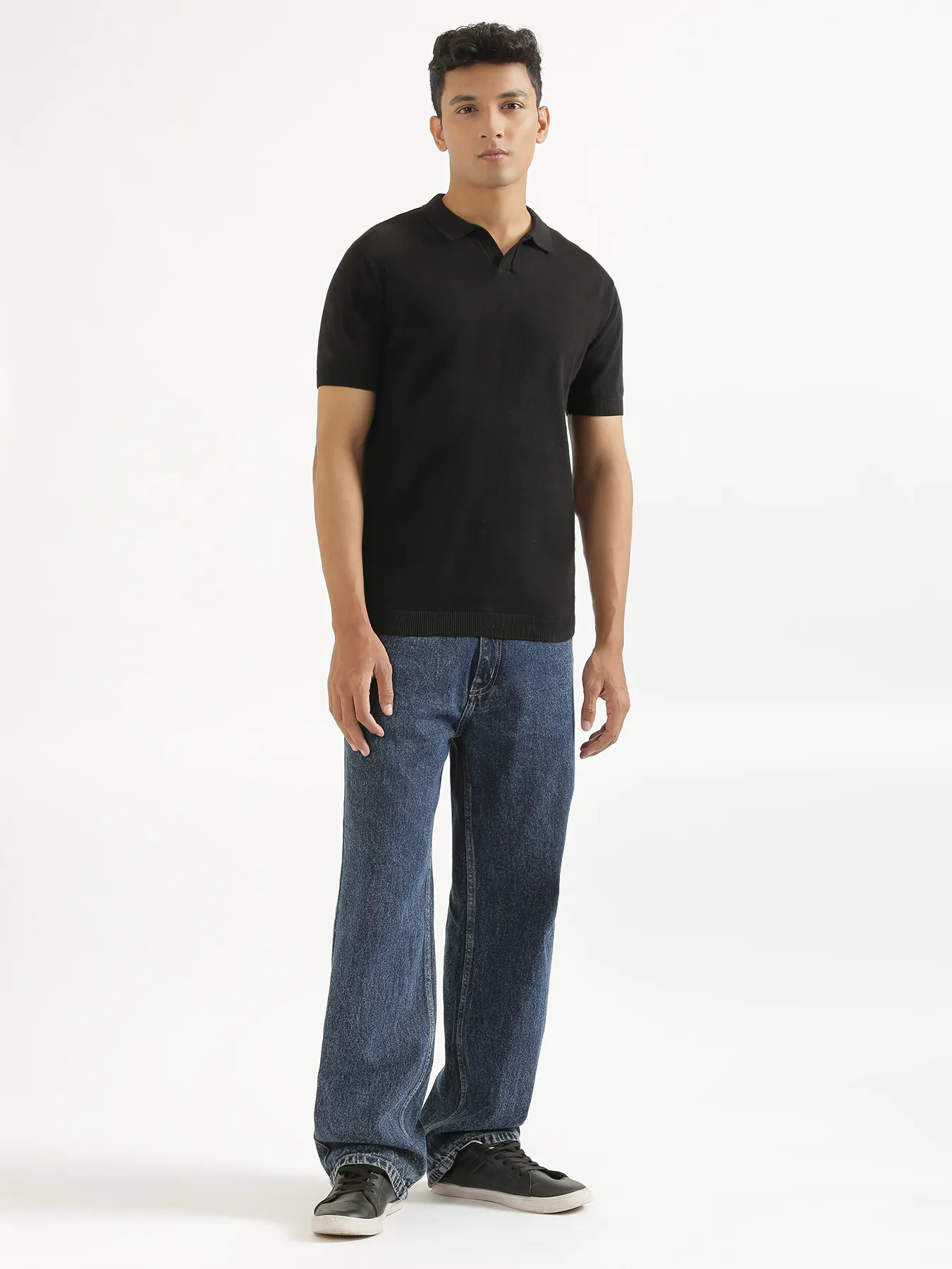 Men Black Flat Knit Polo - Image 3