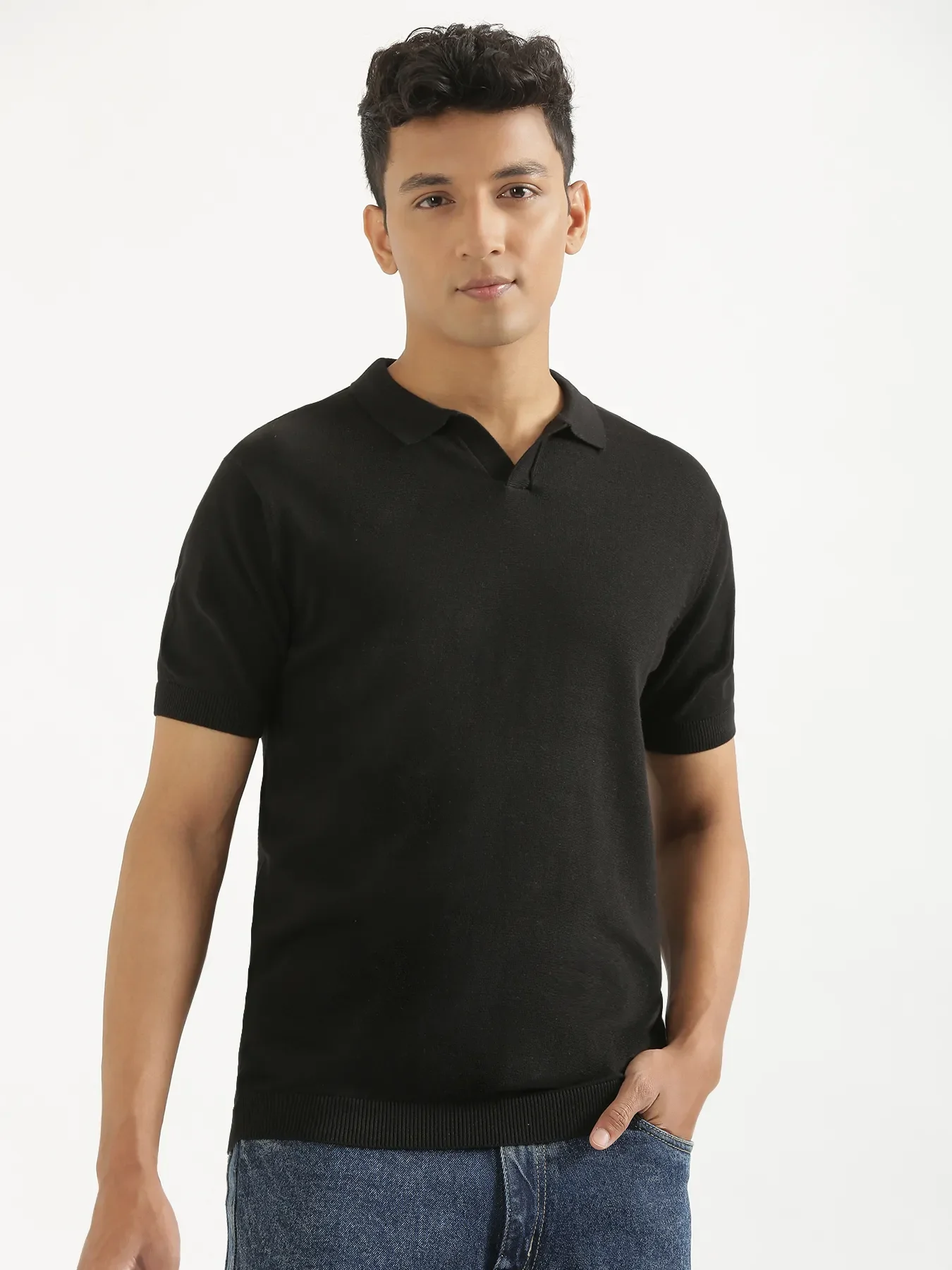 Men Black Flat Knit Polo - Image 4