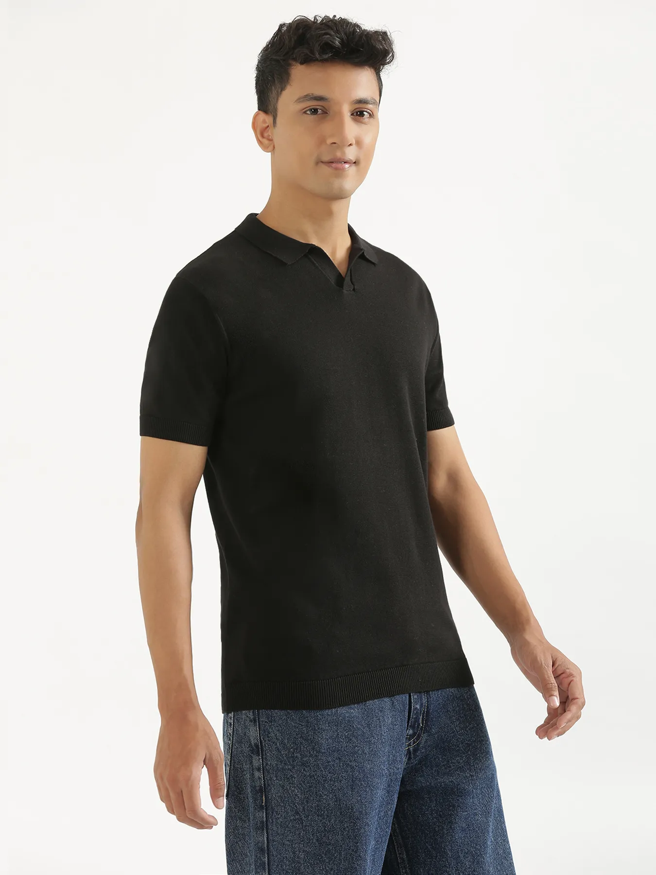 Men Black Flat Knit Polo - Image 9
