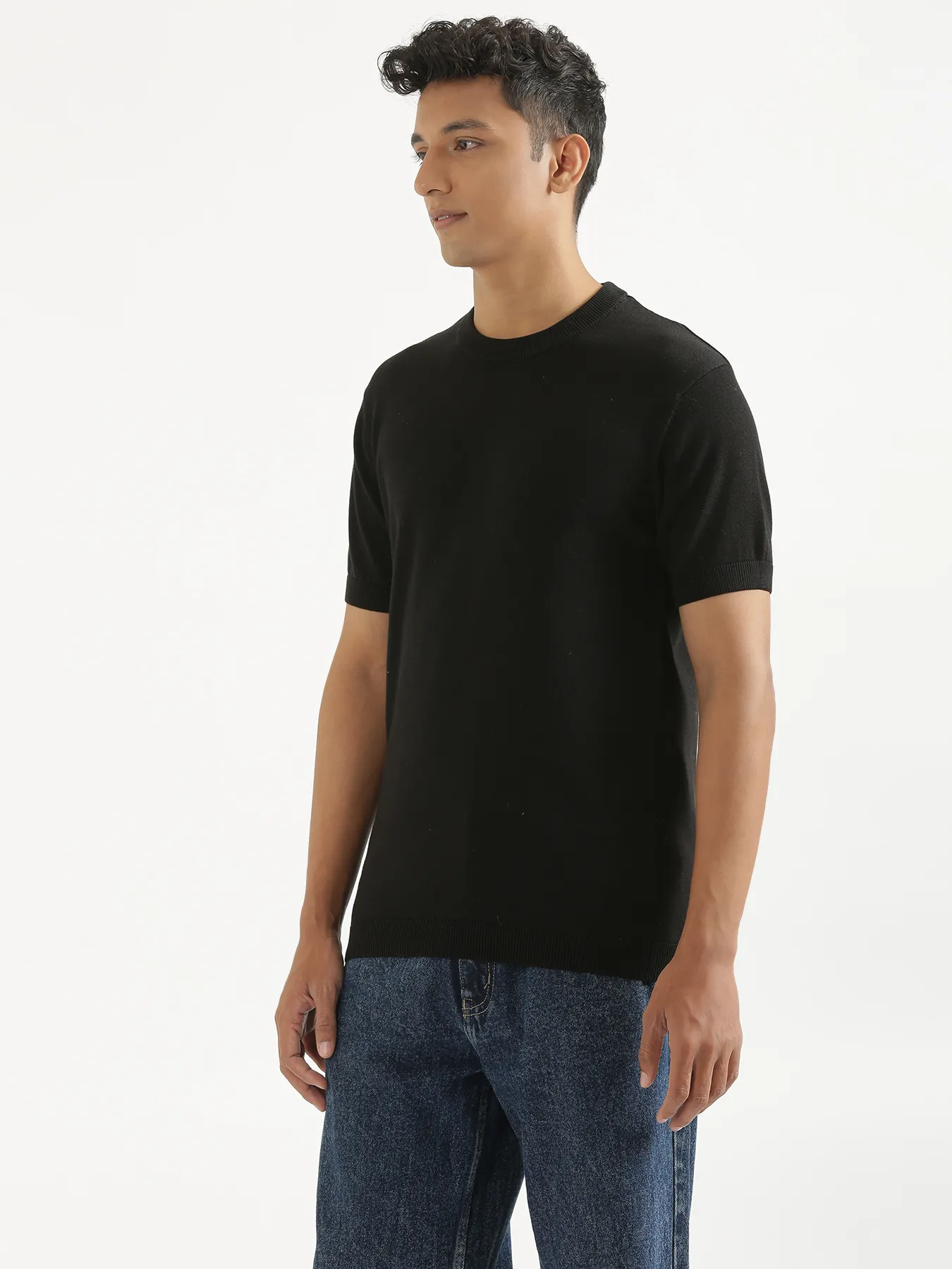 Men Black Flat Knit Round Neck T-shirt - Image 5