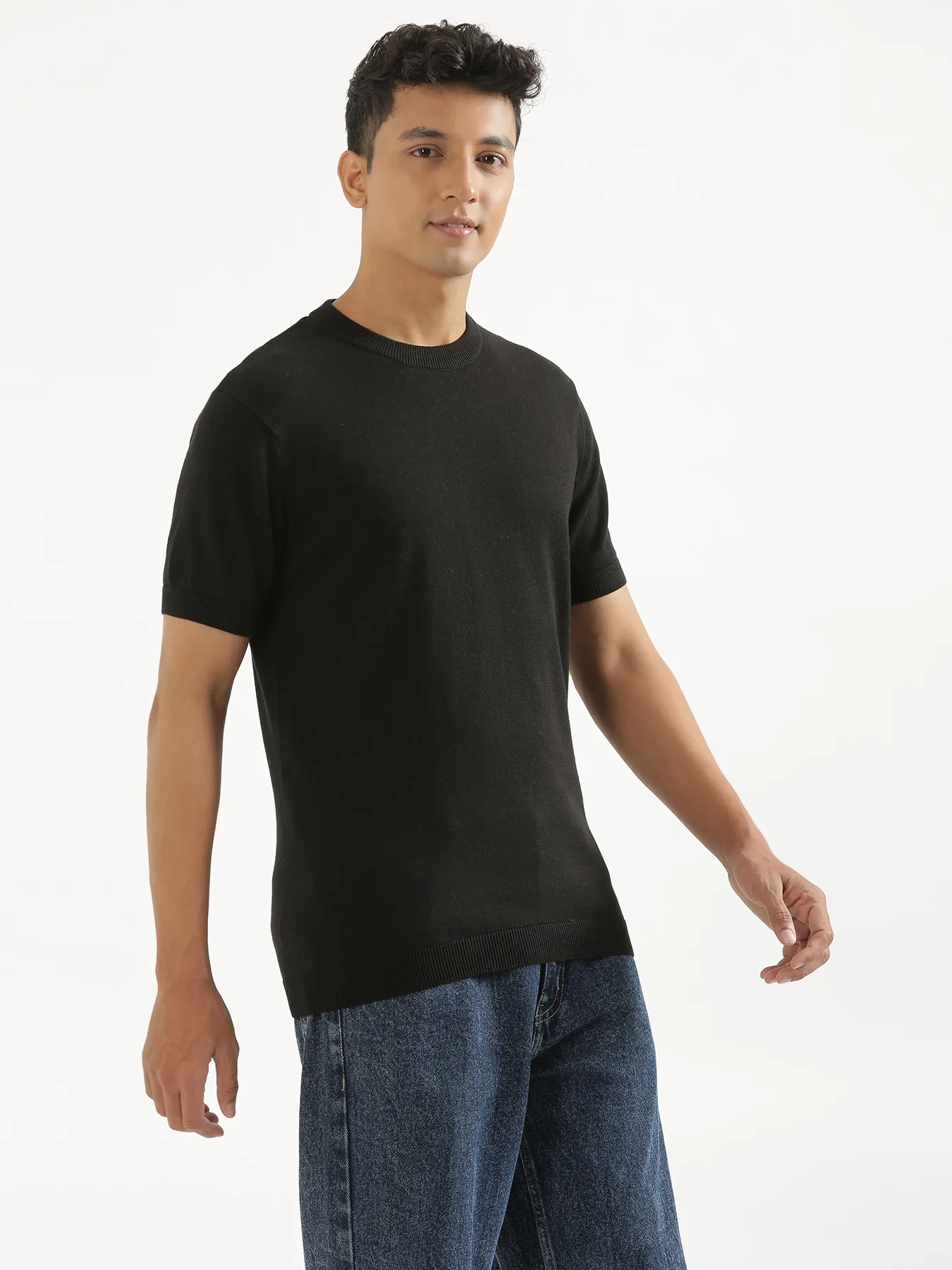Men Black Flat Knit Round Neck T-shirt - Image 6