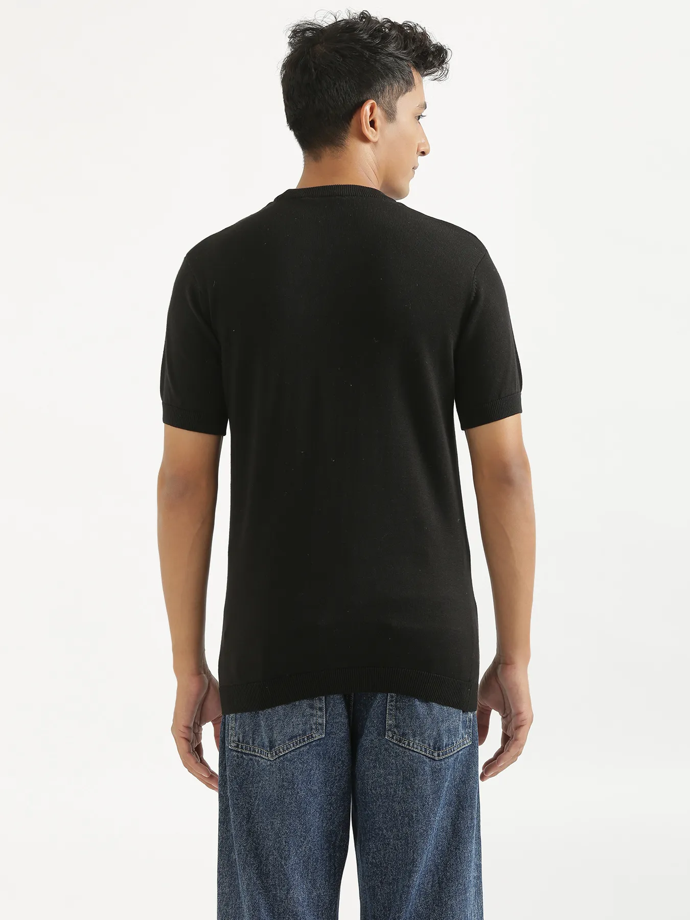 Men Black Flat Knit Round Neck T-shirt - Image 7