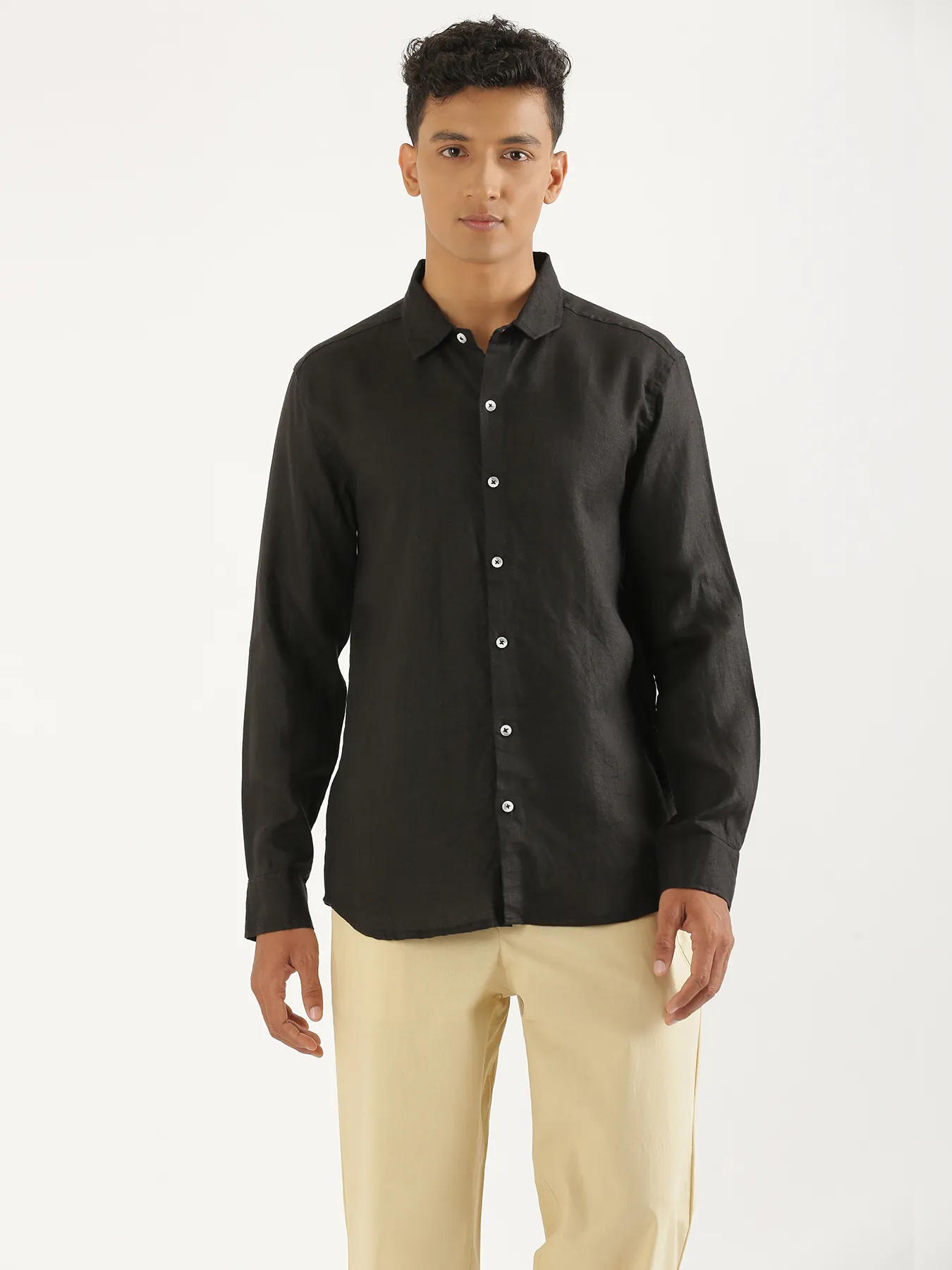 Men Black Pure Linen Full Sleeve Shirt - Image 2