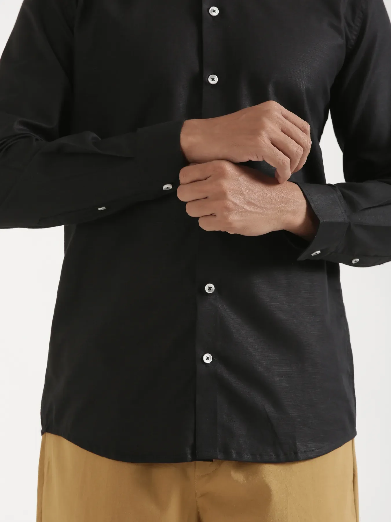 Men Black Linen Blend Mandarin Collar Shirt - Image 6