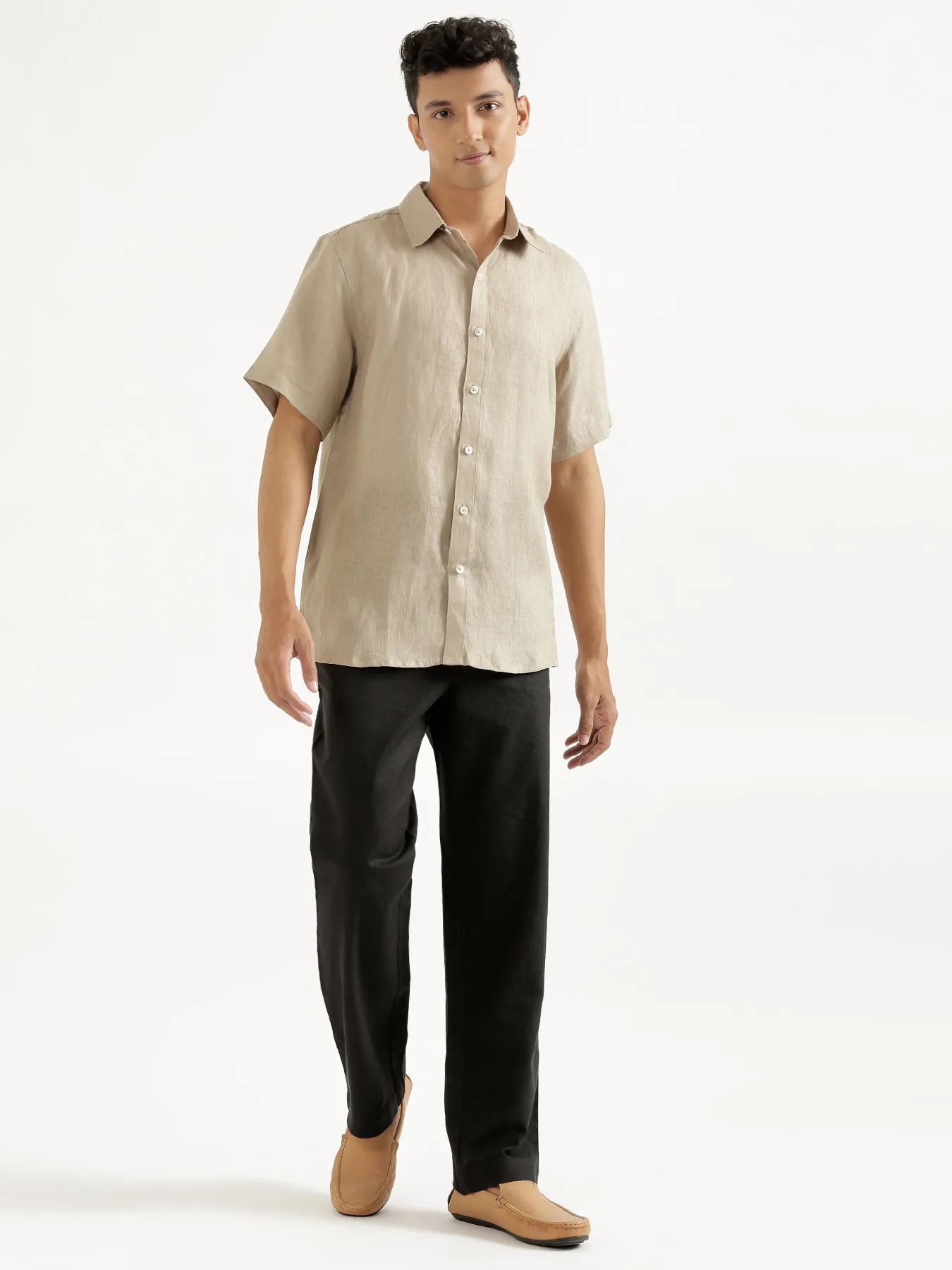 Men Black Linen Blend Pant & Taupe Pure Linen Short Sleeve Shirt - Image 3