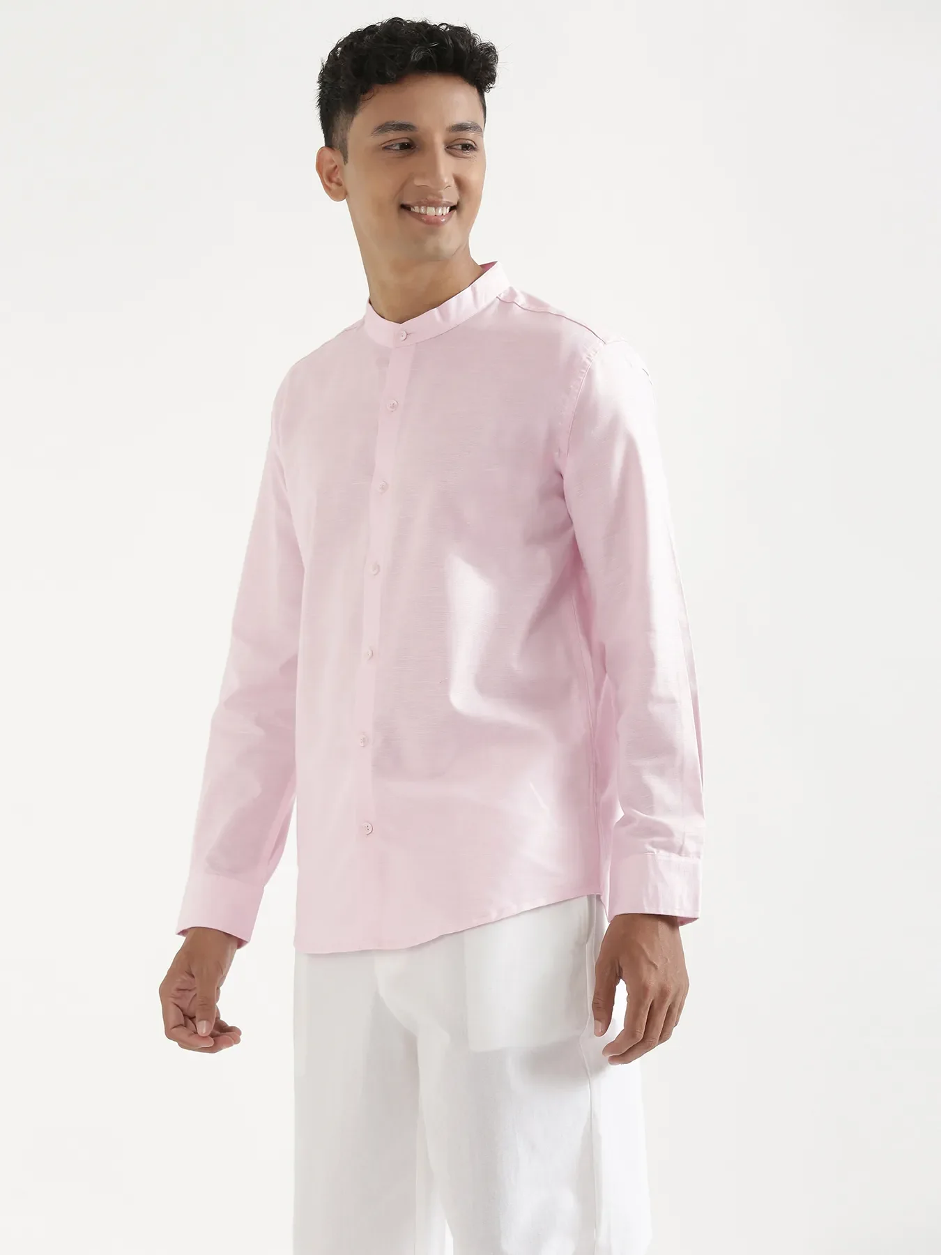 Men Blush Pink Linen Blend Mandarin Collar Shirt & White Cotton Pant Set - Image 10