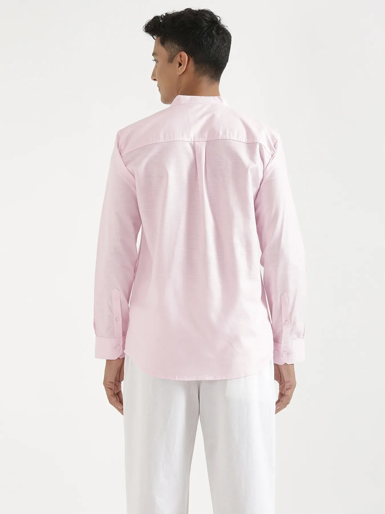 Men Blush Pink Linen Blend Mandarin Collar Shirt & White Cotton Pant Set - Image 11