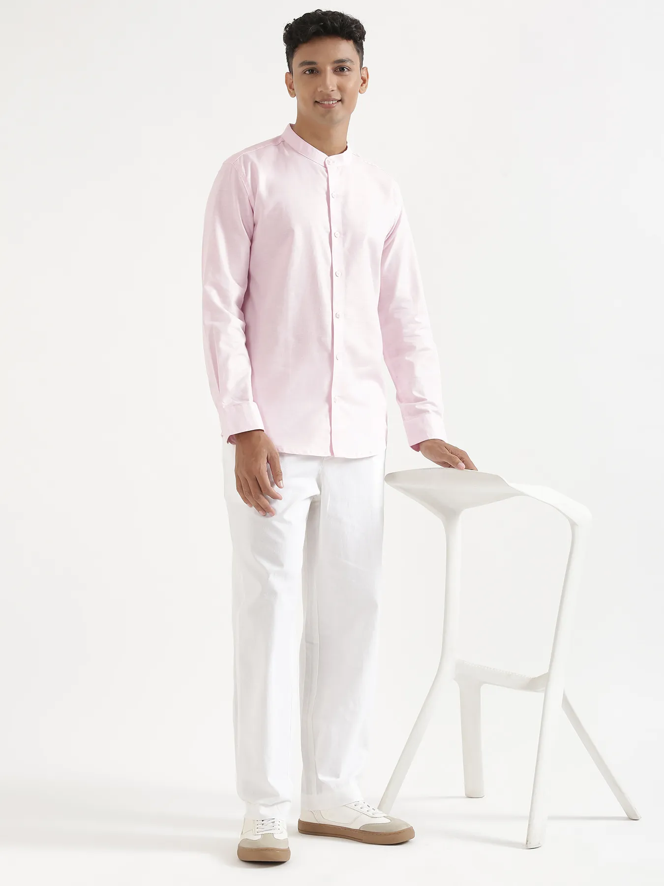 Men Blush Pink Linen Blend Mandarin Collar Shirt & White Cotton Pant Set - Image 12
