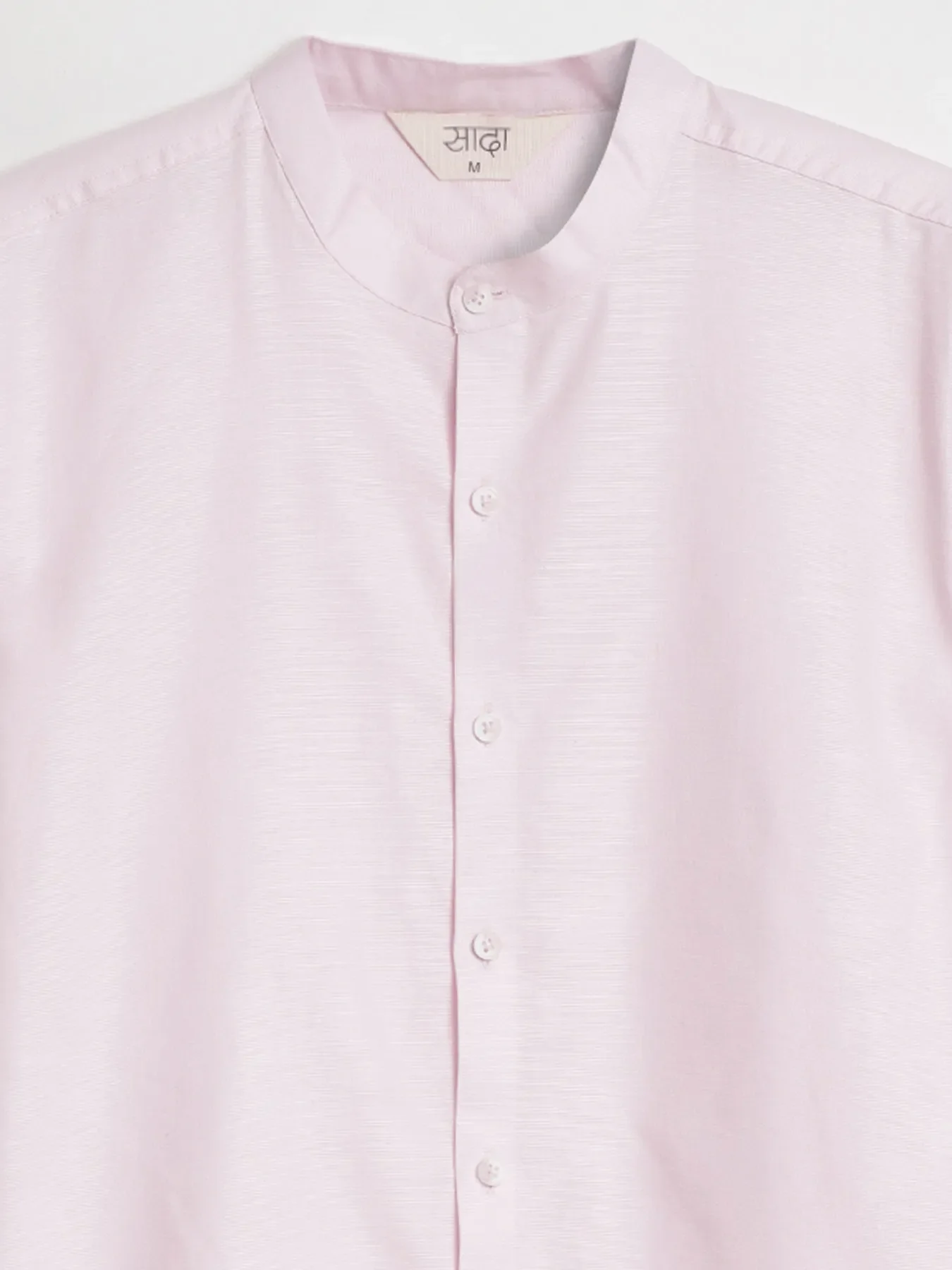 Men Blush Pink Linen Blend Mandarin Collar Shirt & White Cotton Pant Set - Image 13