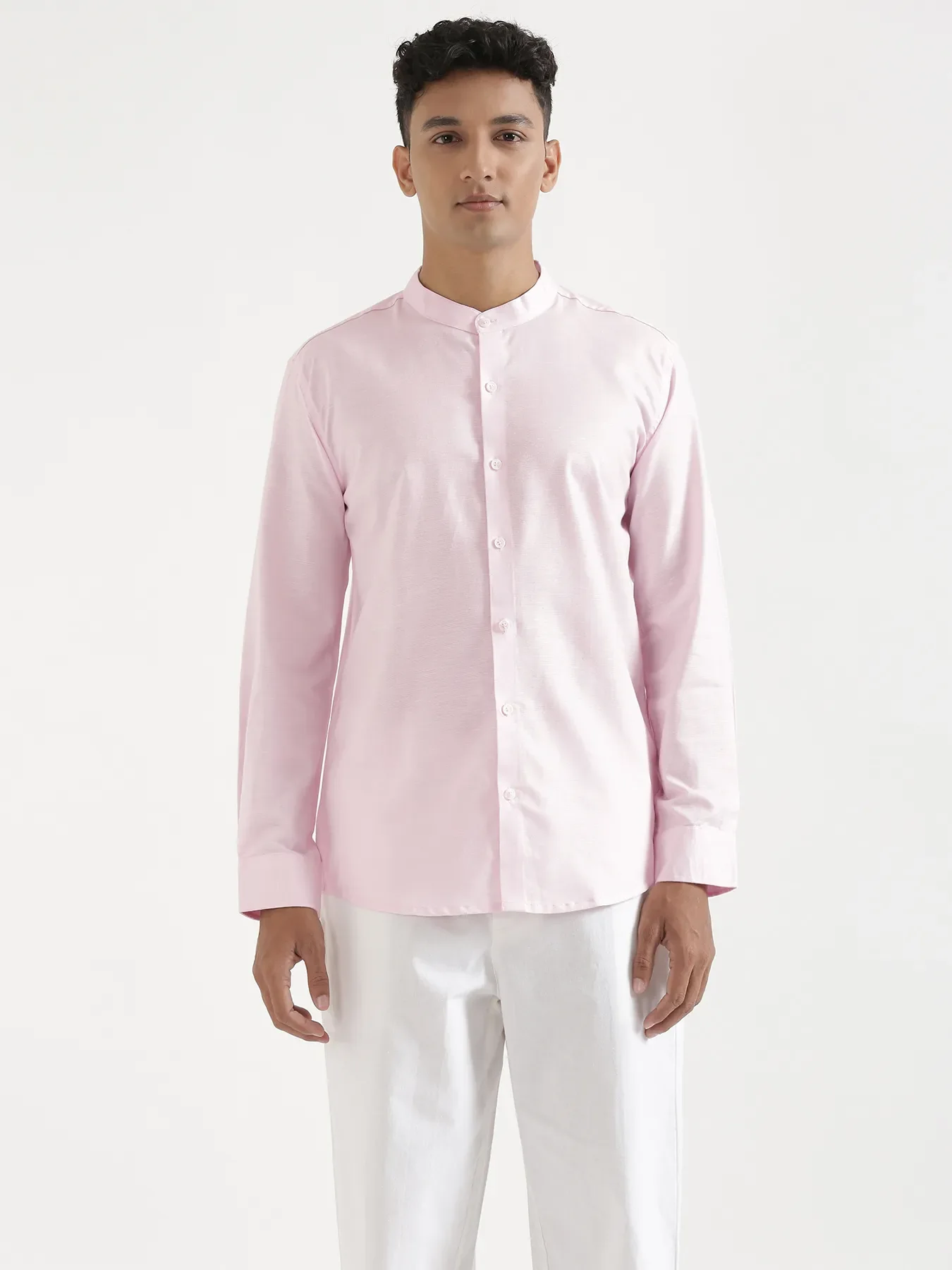 Men Blush Pink Linen Blend Mandarin Collar Shirt & White Cotton Pant Set - Image 3