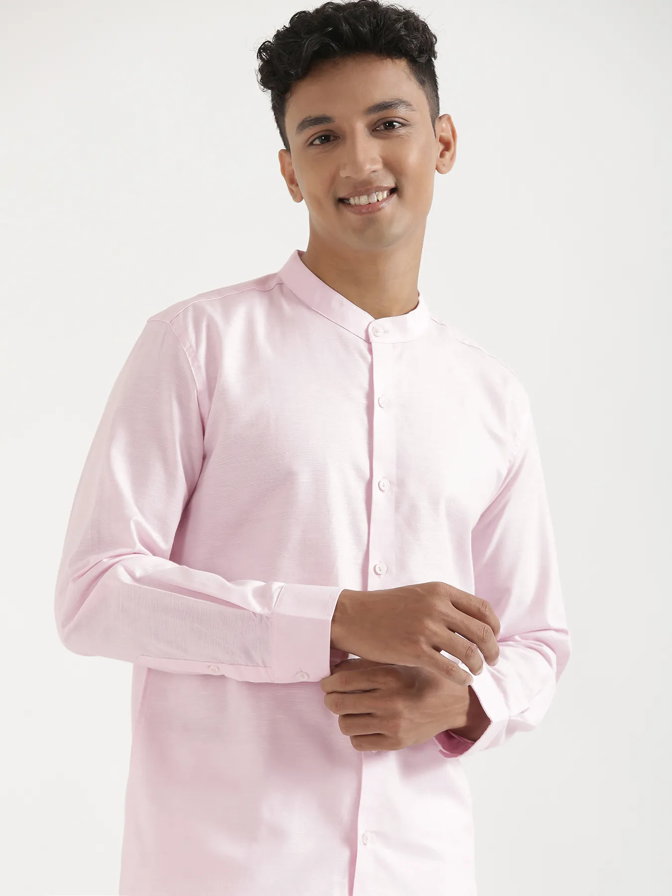 Men Blush Pink Linen Blend Mandarin Collar Shirt & White Cotton Pant Set - Image 4