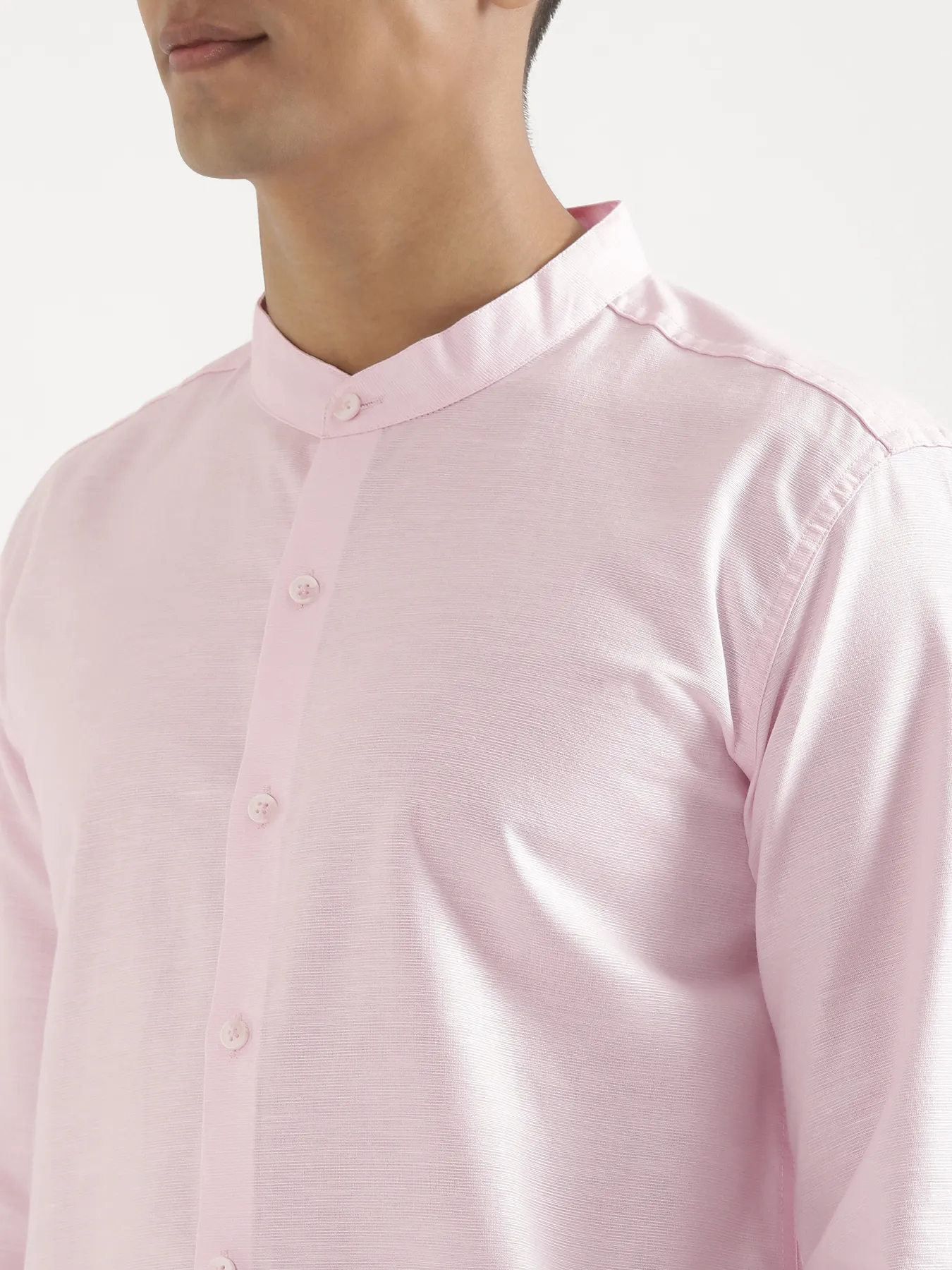 Men Blush Pink Linen Blend Mandarin Collar Shirt & White Cotton Pant Set - Image 5