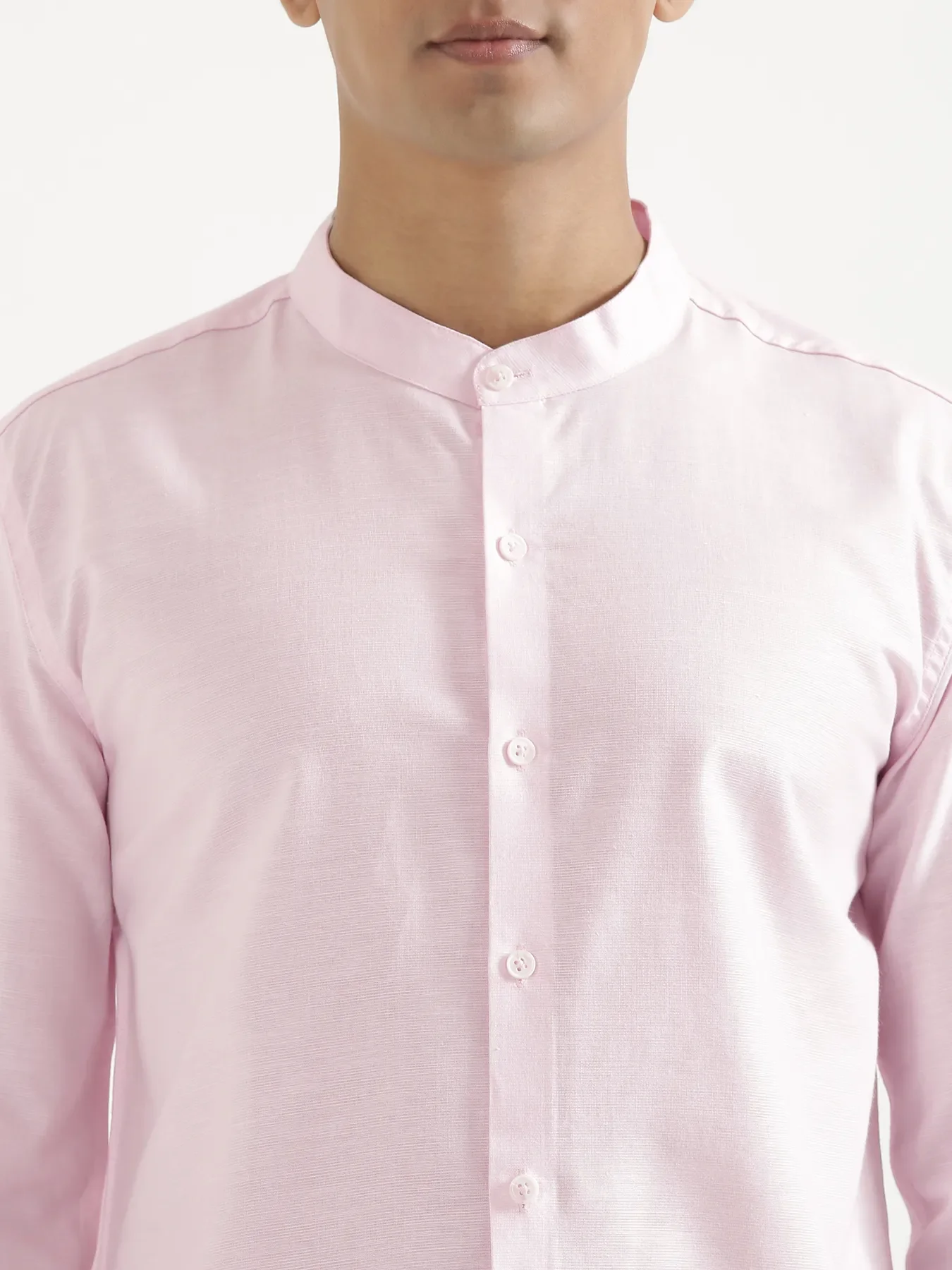 Men Blush Pink Linen Blend Mandarin Collar Shirt & White Cotton Pant Set - Image 6