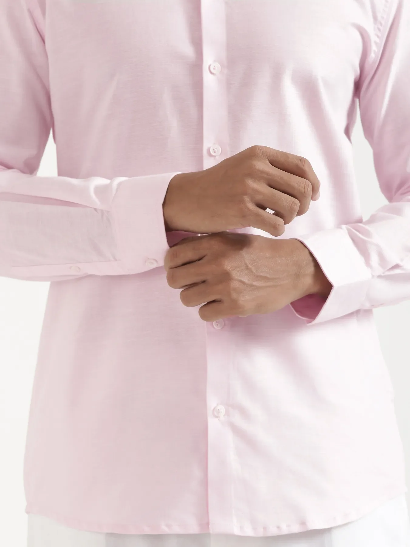 Men Blush Pink Linen Blend Mandarin Collar Shirt & White Cotton Pant Set - Image 7
