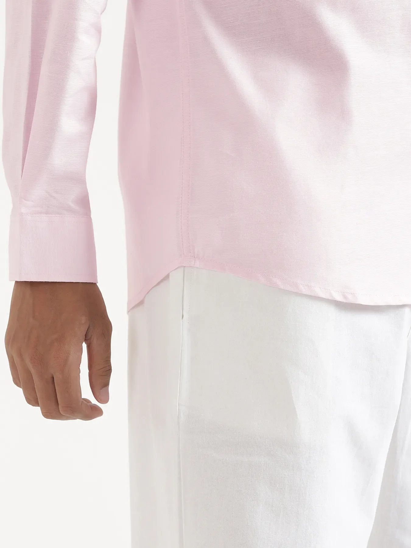 Men Blush Pink Linen Blend Mandarin Collar Shirt & White Cotton Pant Set - Image 8