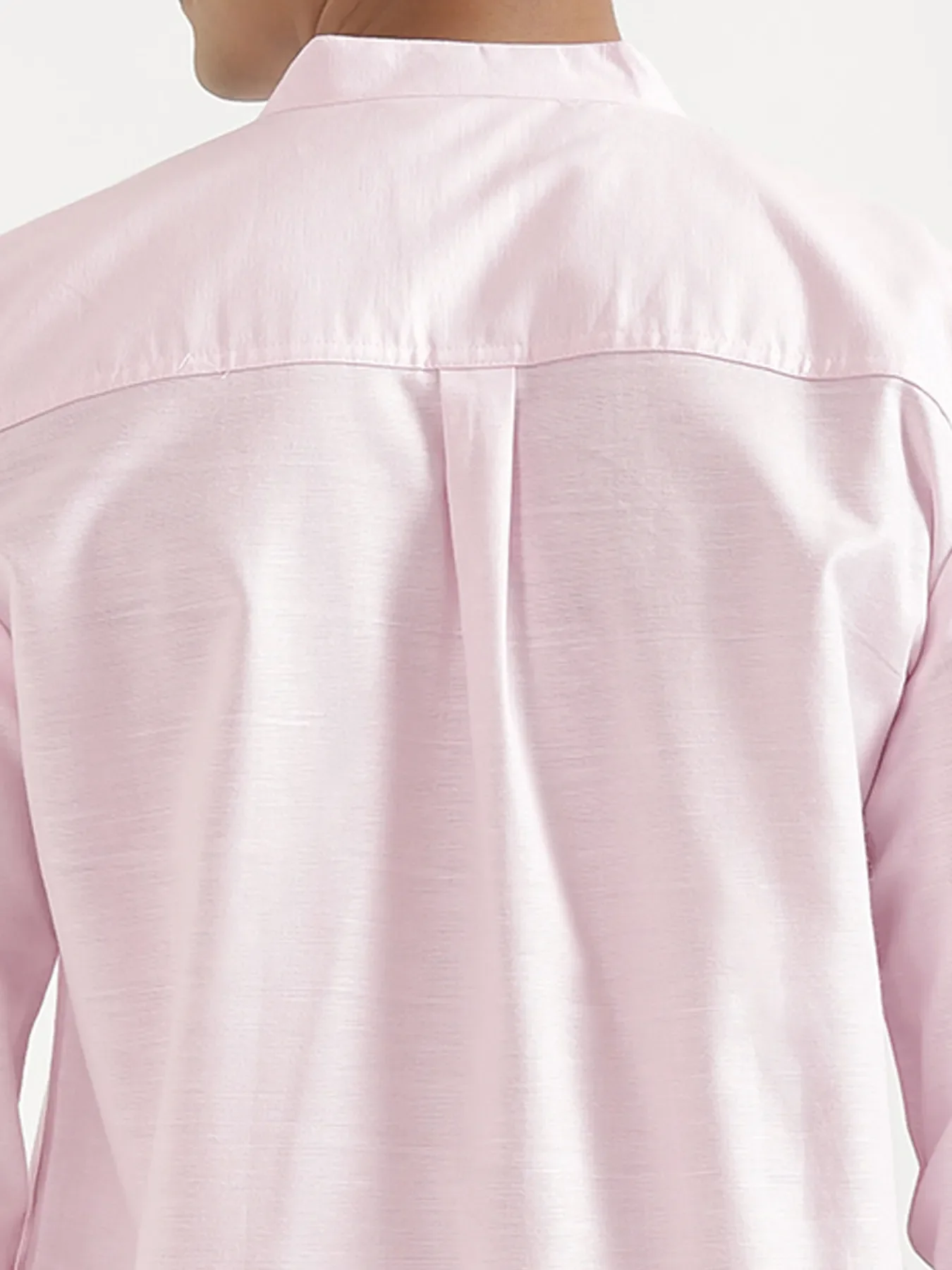 Men Blush Pink Linen Blend Mandarin Collar Shirt & White Cotton Pant Set - Image 9