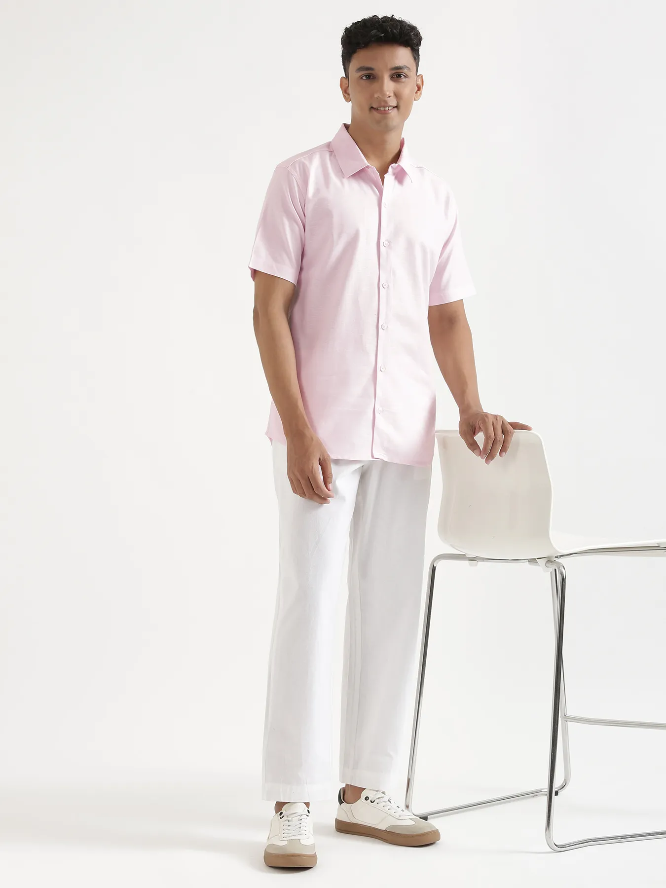 Men Blush Pink Linen Blend Short Sleeve Shirt - Image 10