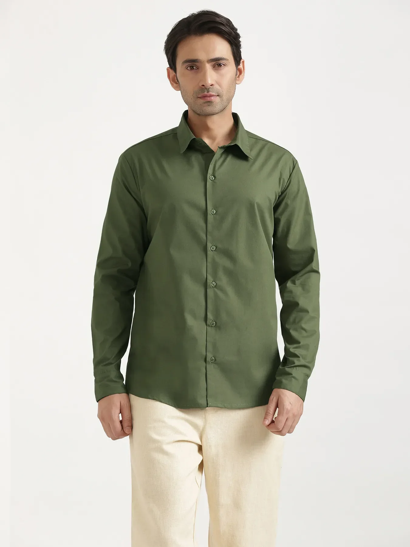 Men Forest Green Better Cotton Full Sleeve Shirt & Beige Linen Blend Straight Pant - Image 2
