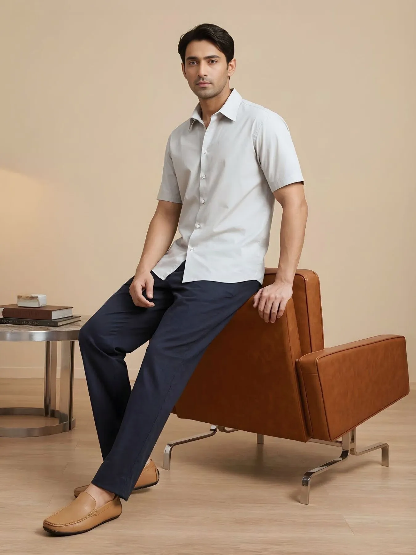 Men Light Grey Better Cotton Short Sleeve Shirt & Navy Blue Cotton Pant