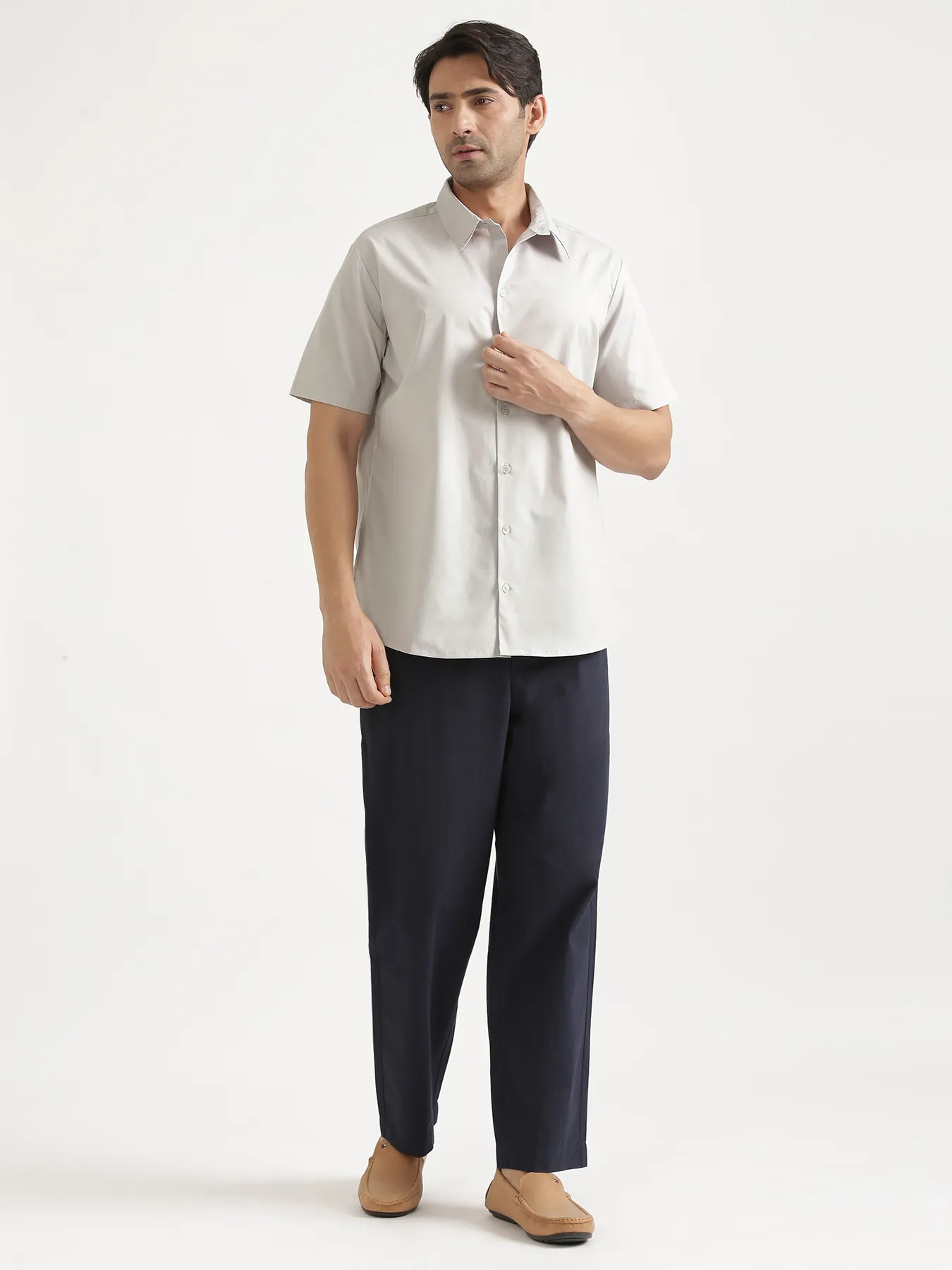Men Light Grey Better Cotton Short Sleeve Shirt & Navy Blue Cotton Pant - Image 4