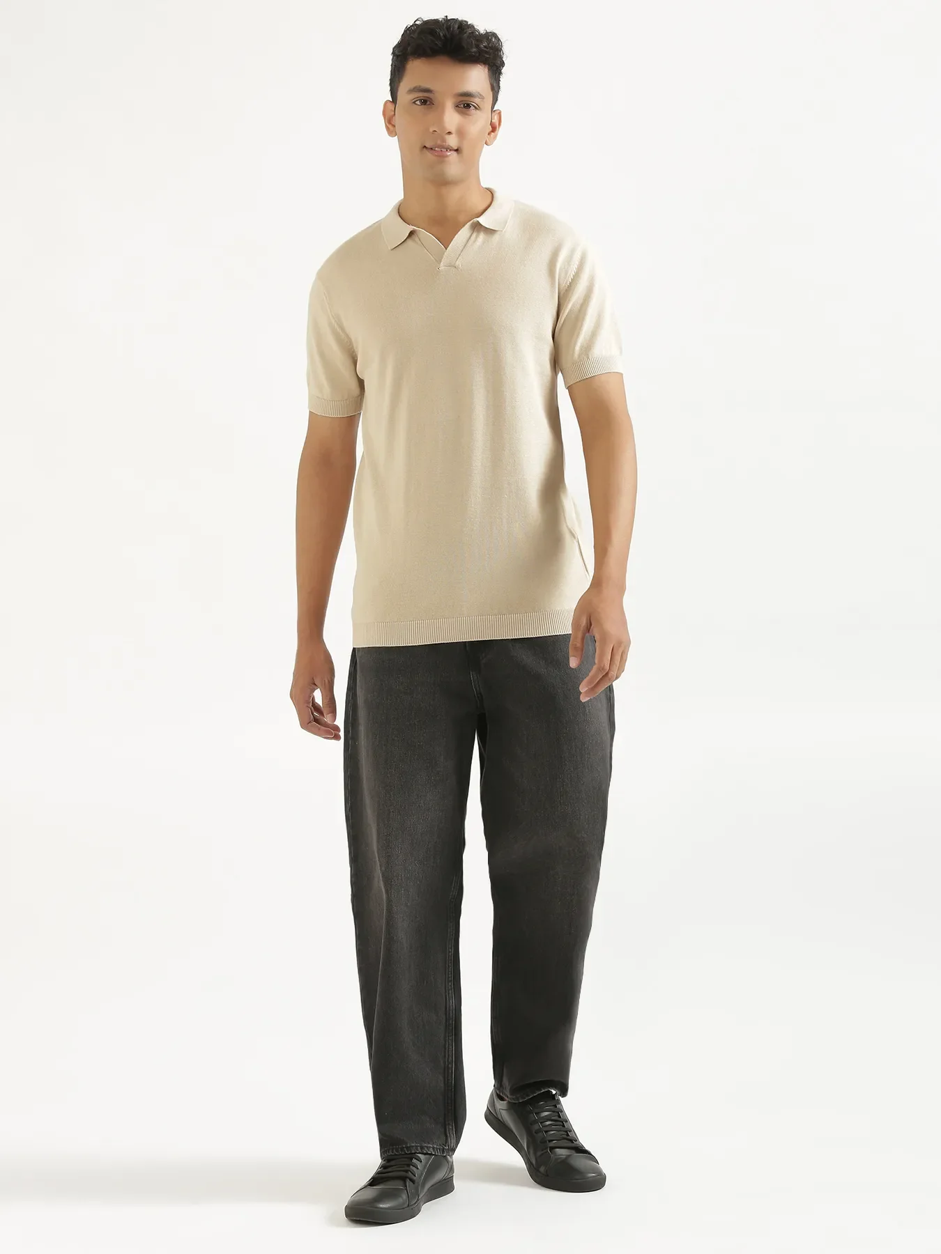 Men Beige Flat Knit Polo - Image 3