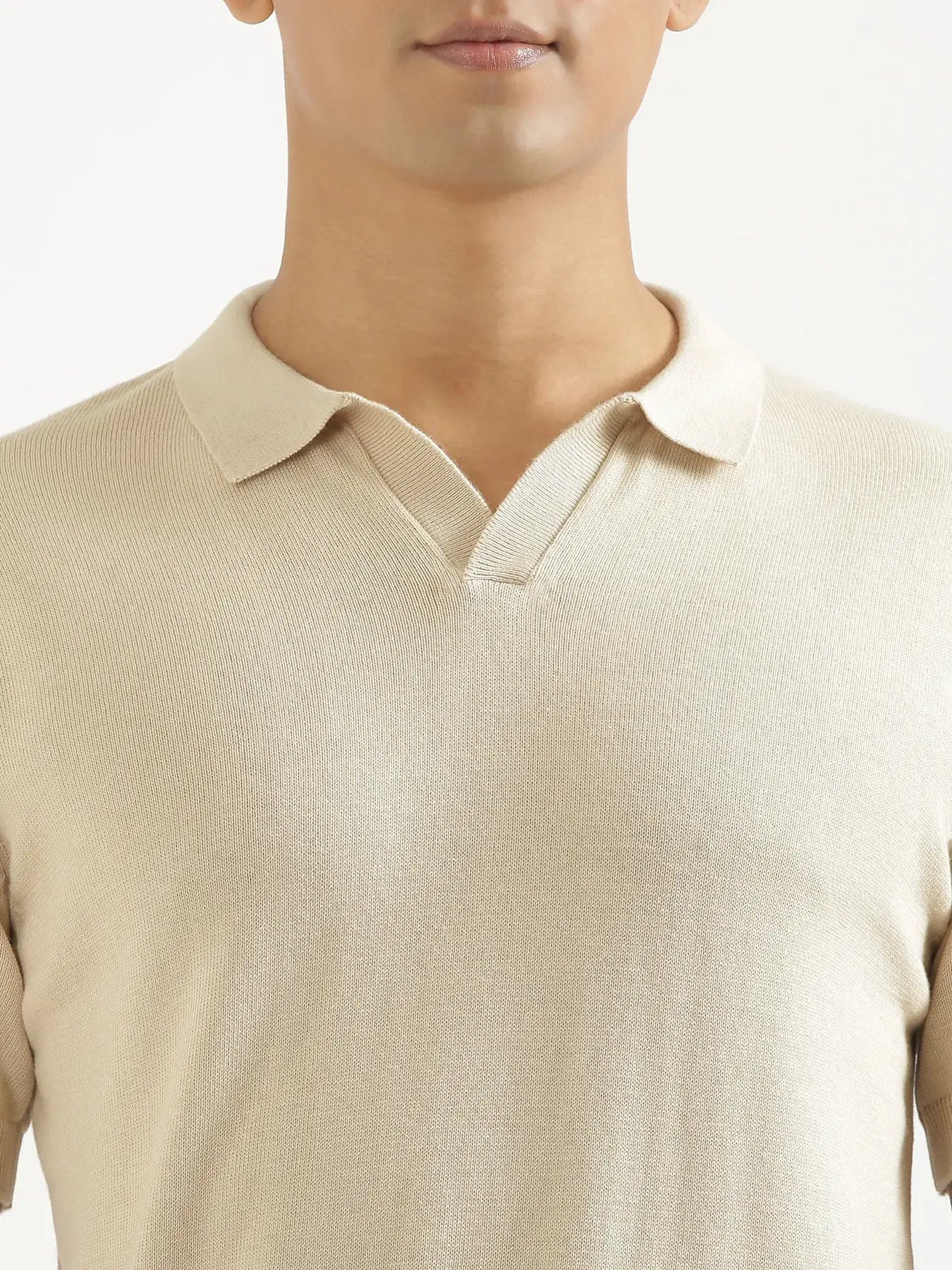 Men Beige Flat Knit Polo - Image 4