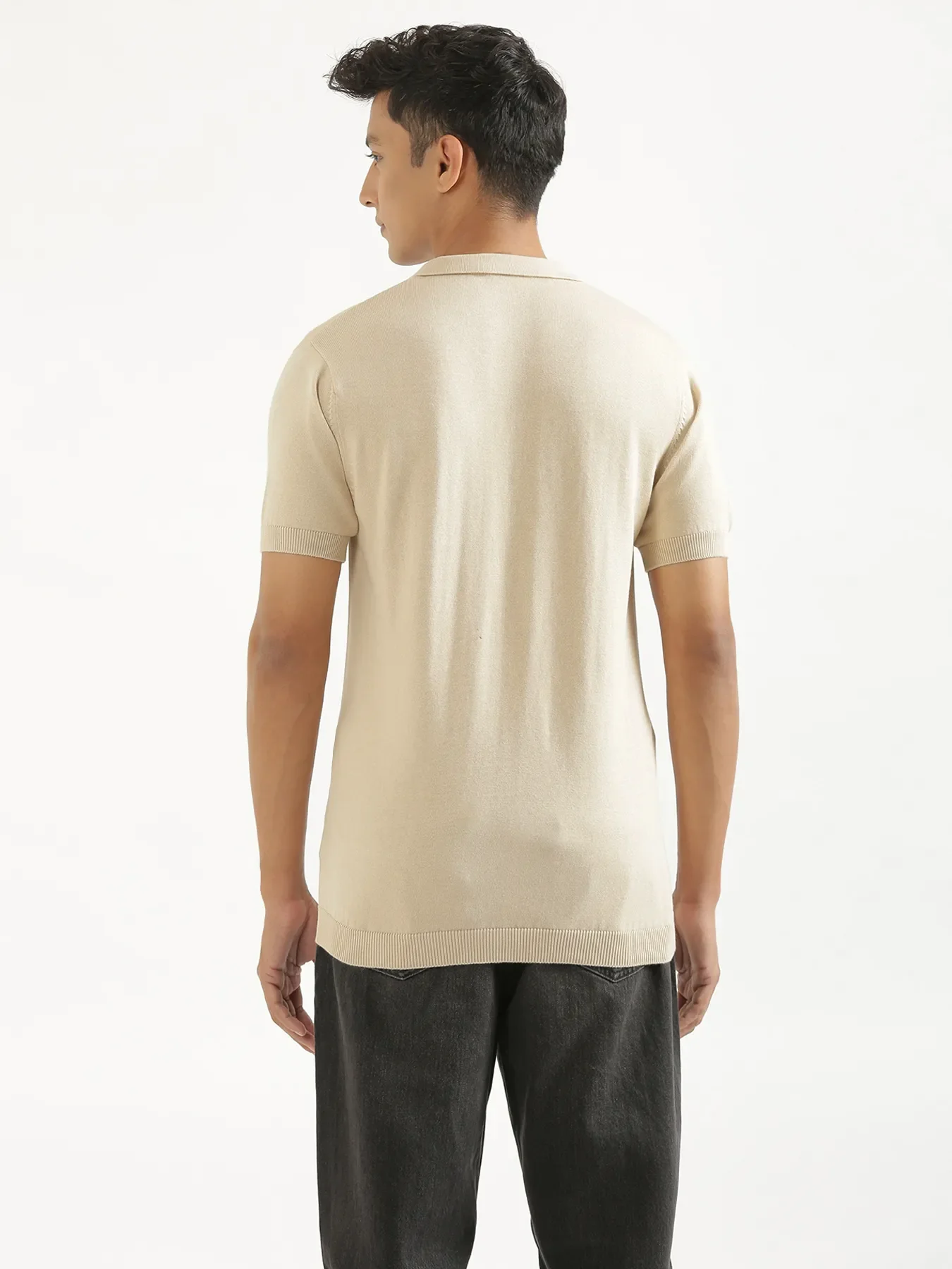Men Beige Flat Knit Polo - Image 6