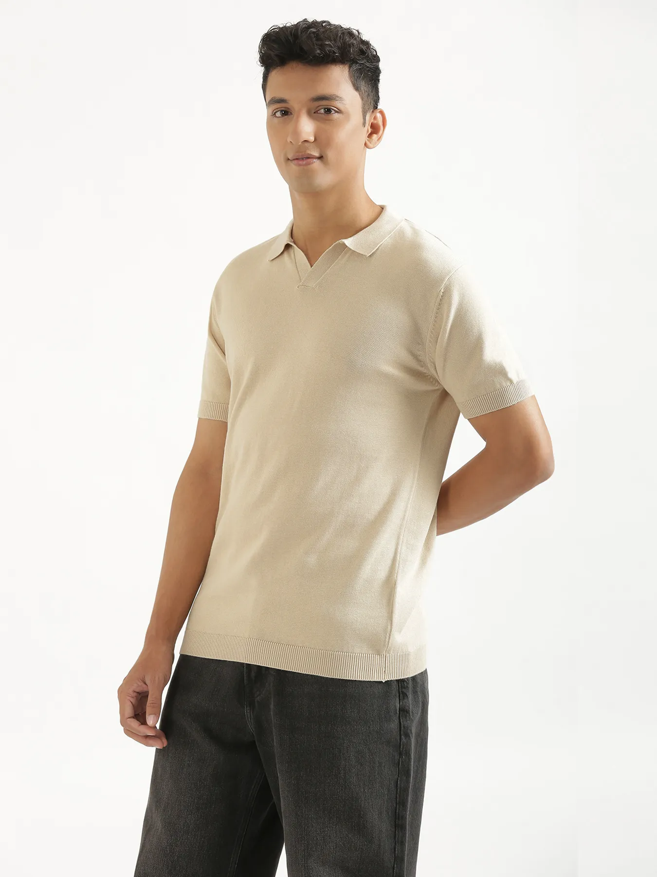 Men Beige Flat Knit Polo - Image 7