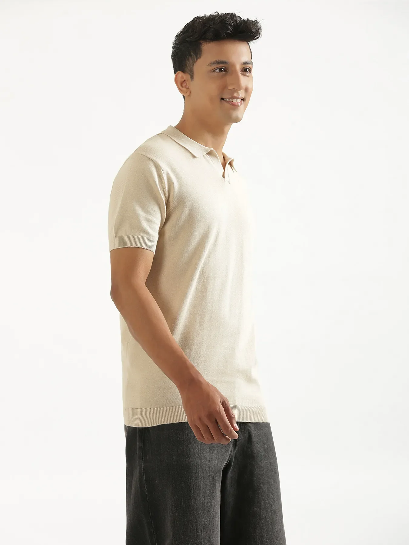 Men Beige Flat Knit Polo - Image 8
