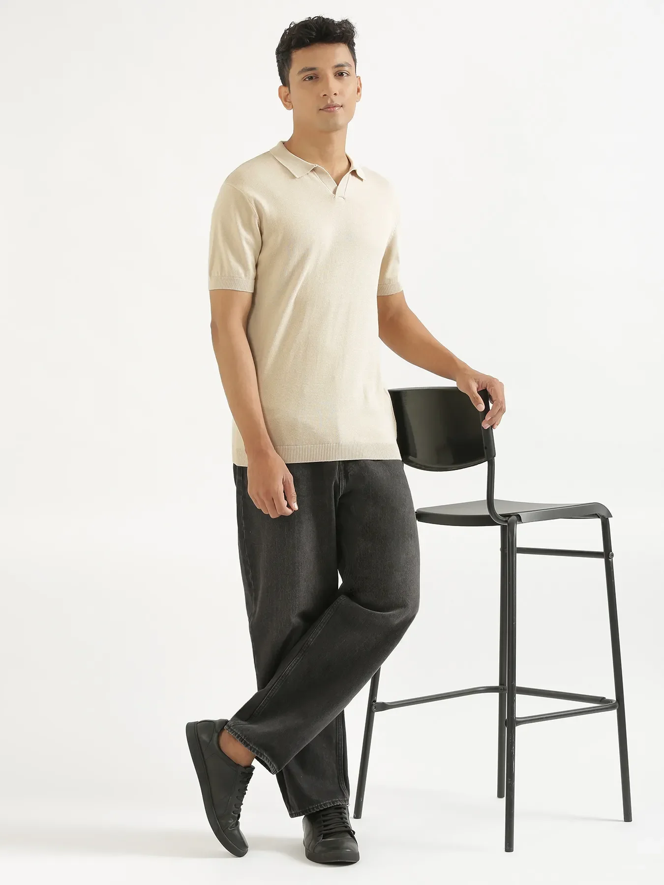 Men Beige Flat Knit Polo - Image 9