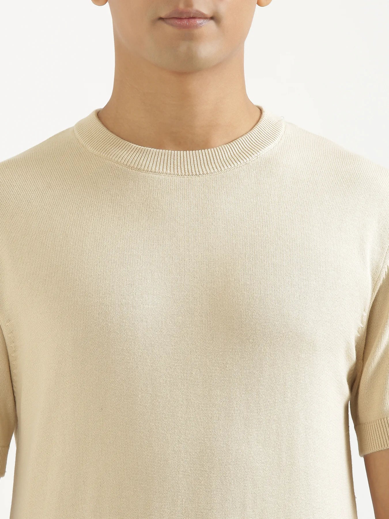 Men Beige Flat Knit Round Neck T-shirt - Image 4