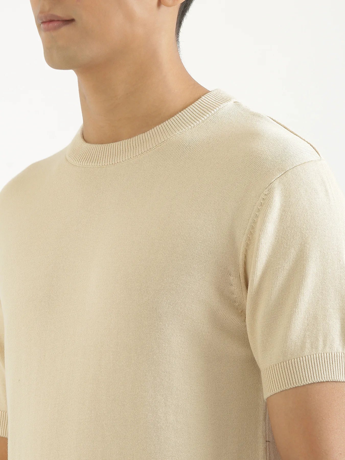 Men Beige Flat Knit Round Neck T-shirt - Image 5