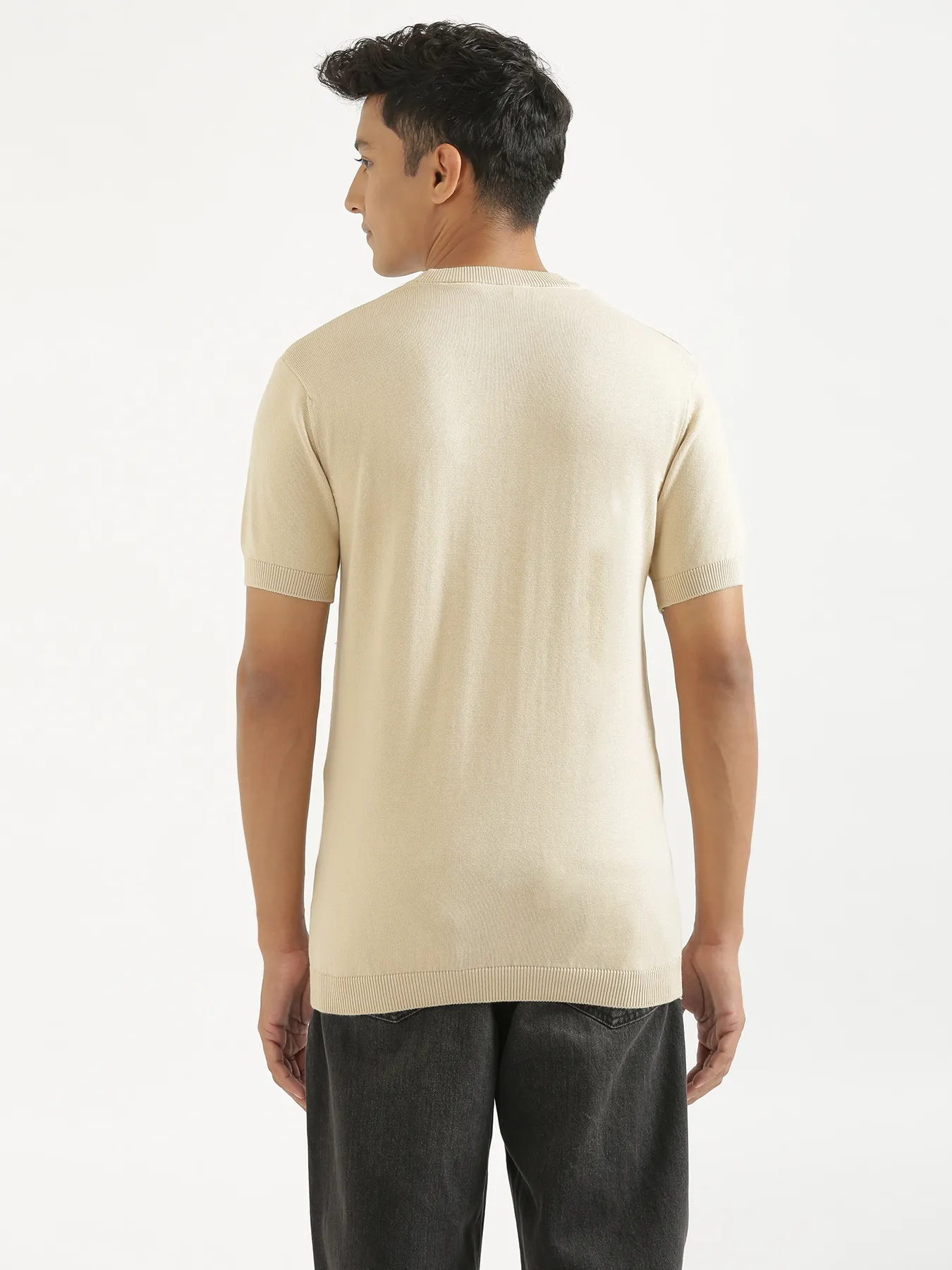 Men Beige Flat Knit Round Neck T-shirt - Image 6