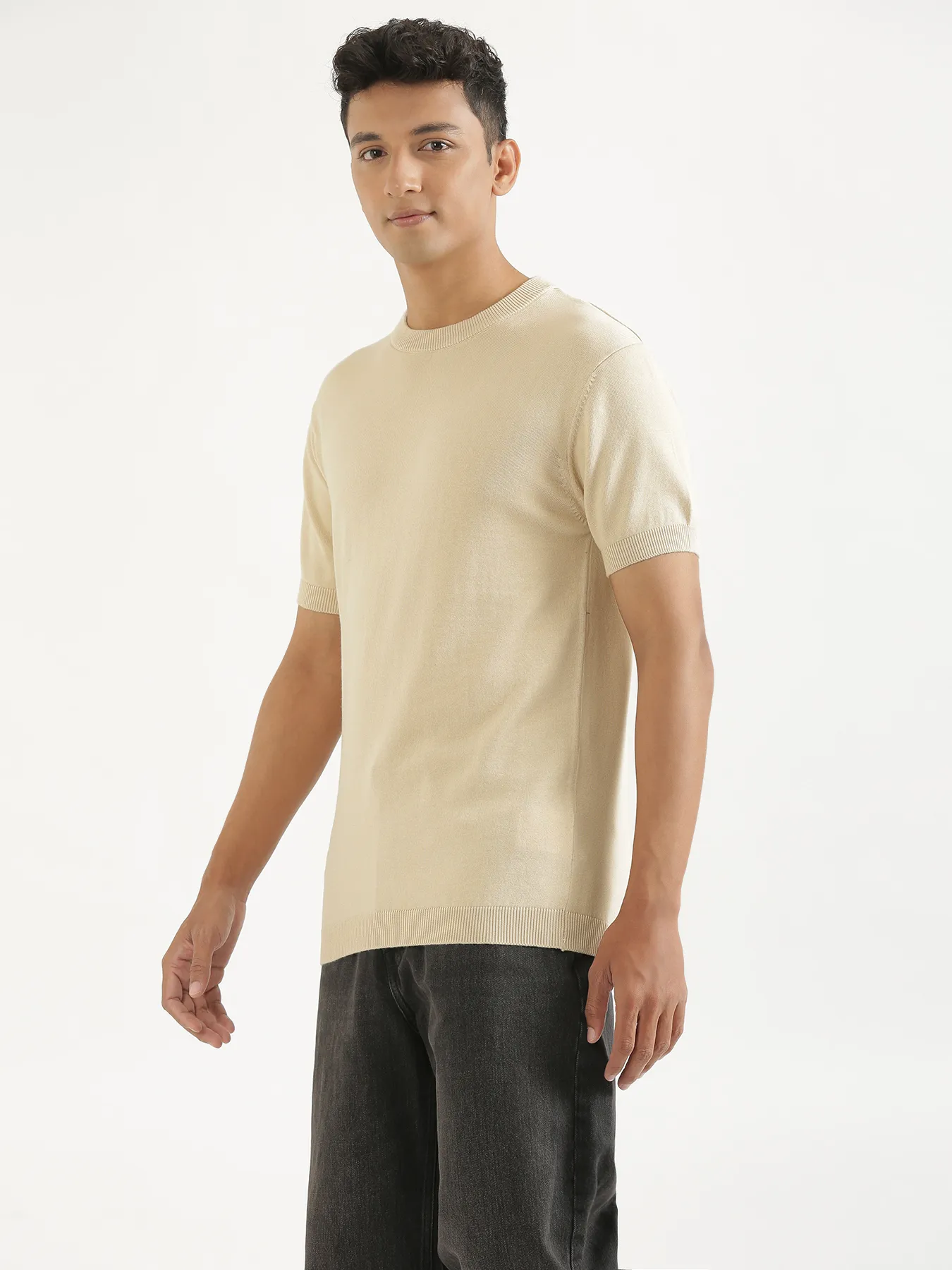 Men Beige Flat Knit Round Neck T-shirt - Image 7