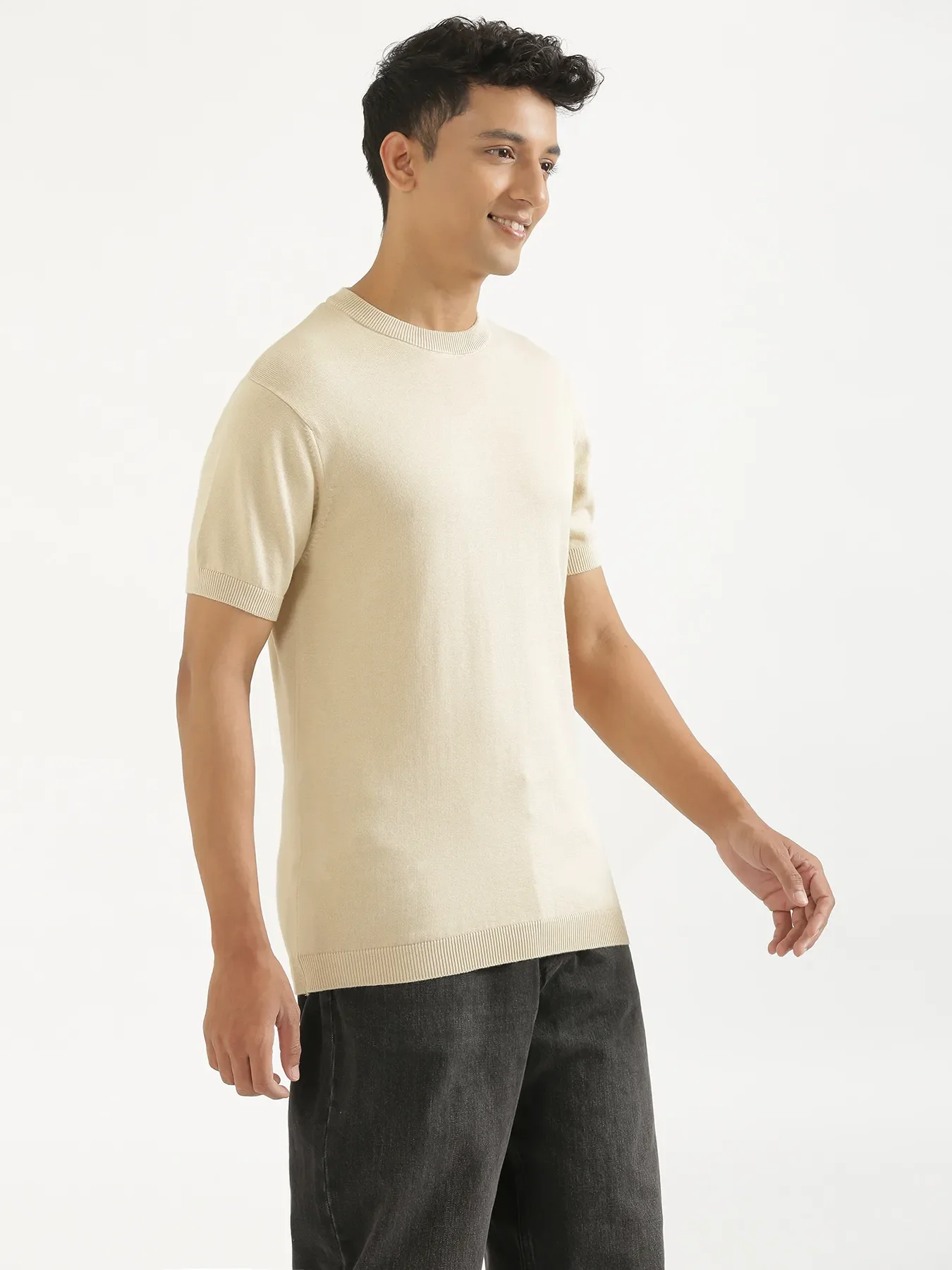 Men Beige Flat Knit Round Neck T-shirt - Image 8