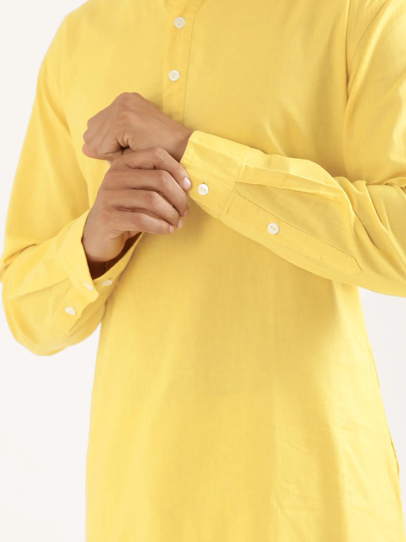 Men Lemon Yellow Airy Linen Long Kurta - Image 6