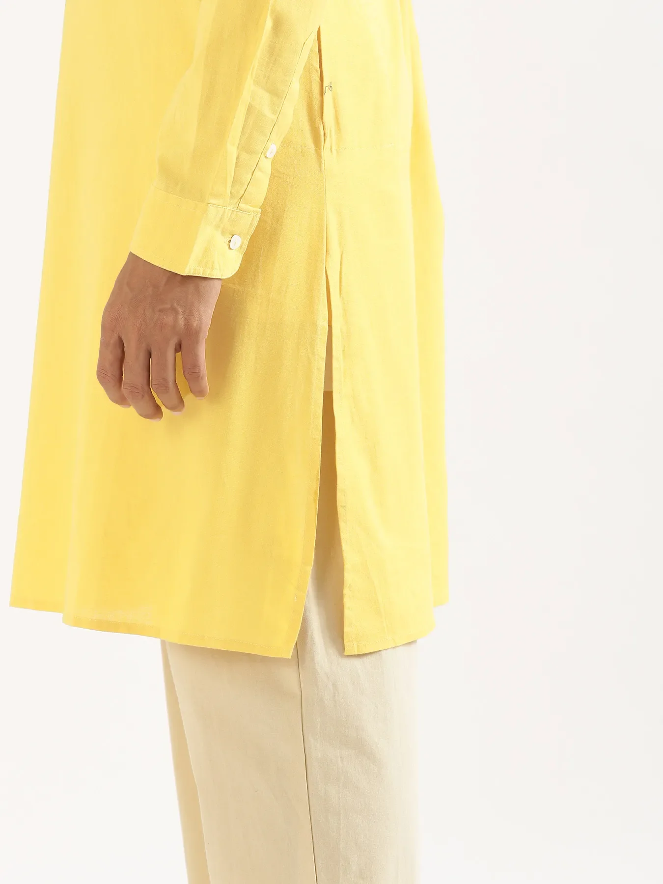 Men Lemon Yellow Airy Linen Long Kurta - Image 8