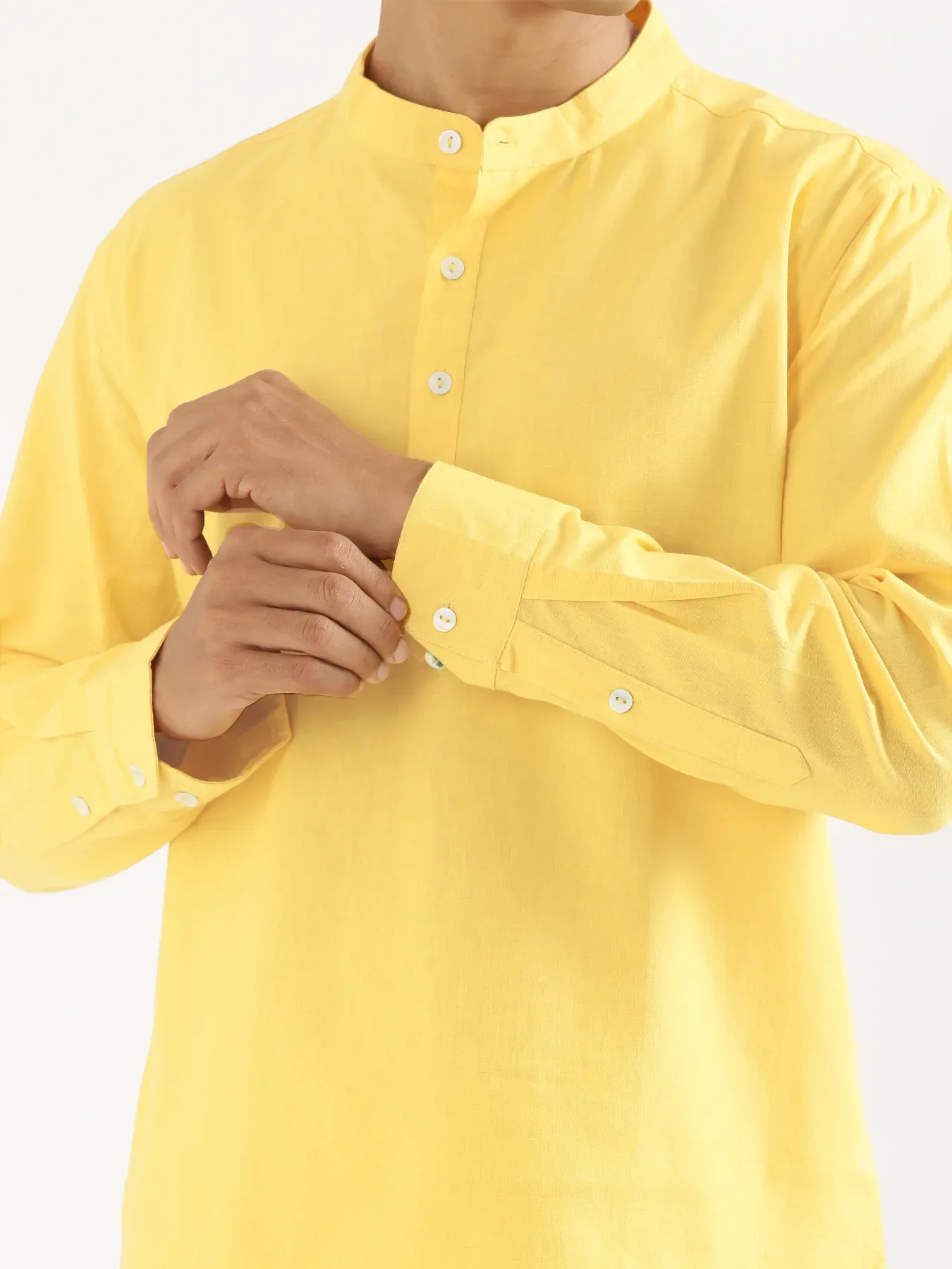 Men Lemon Yellow Airy Linen Short Kurta - Image 5