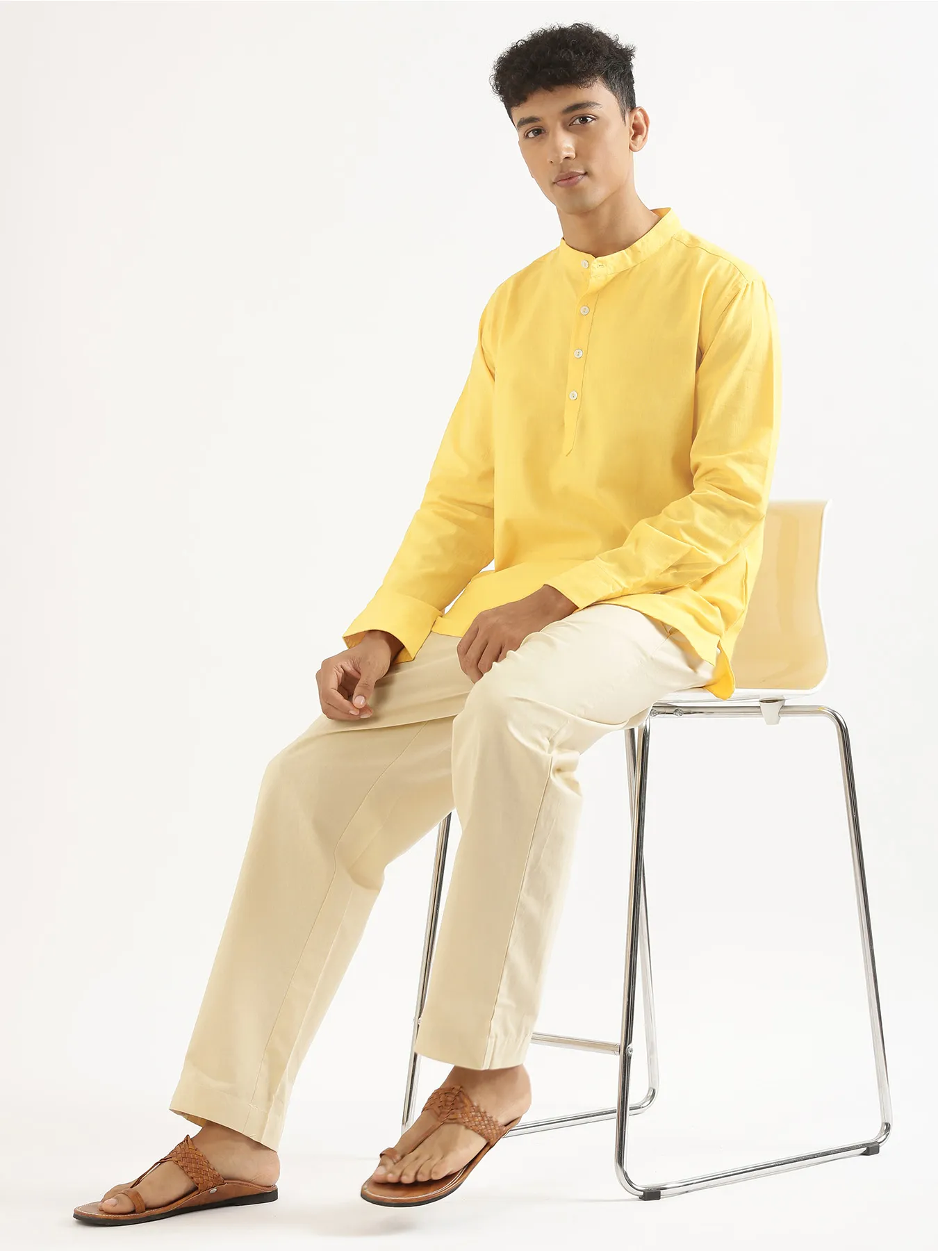 Men Lemon Yellow Airy Linen Short Kurta - Image 6