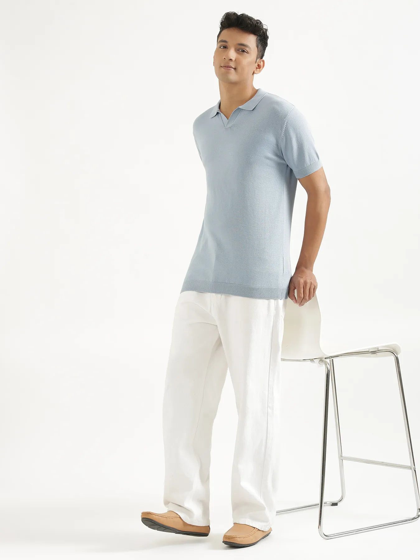 Men Light Blue Flat Knit Polo - Image 10
