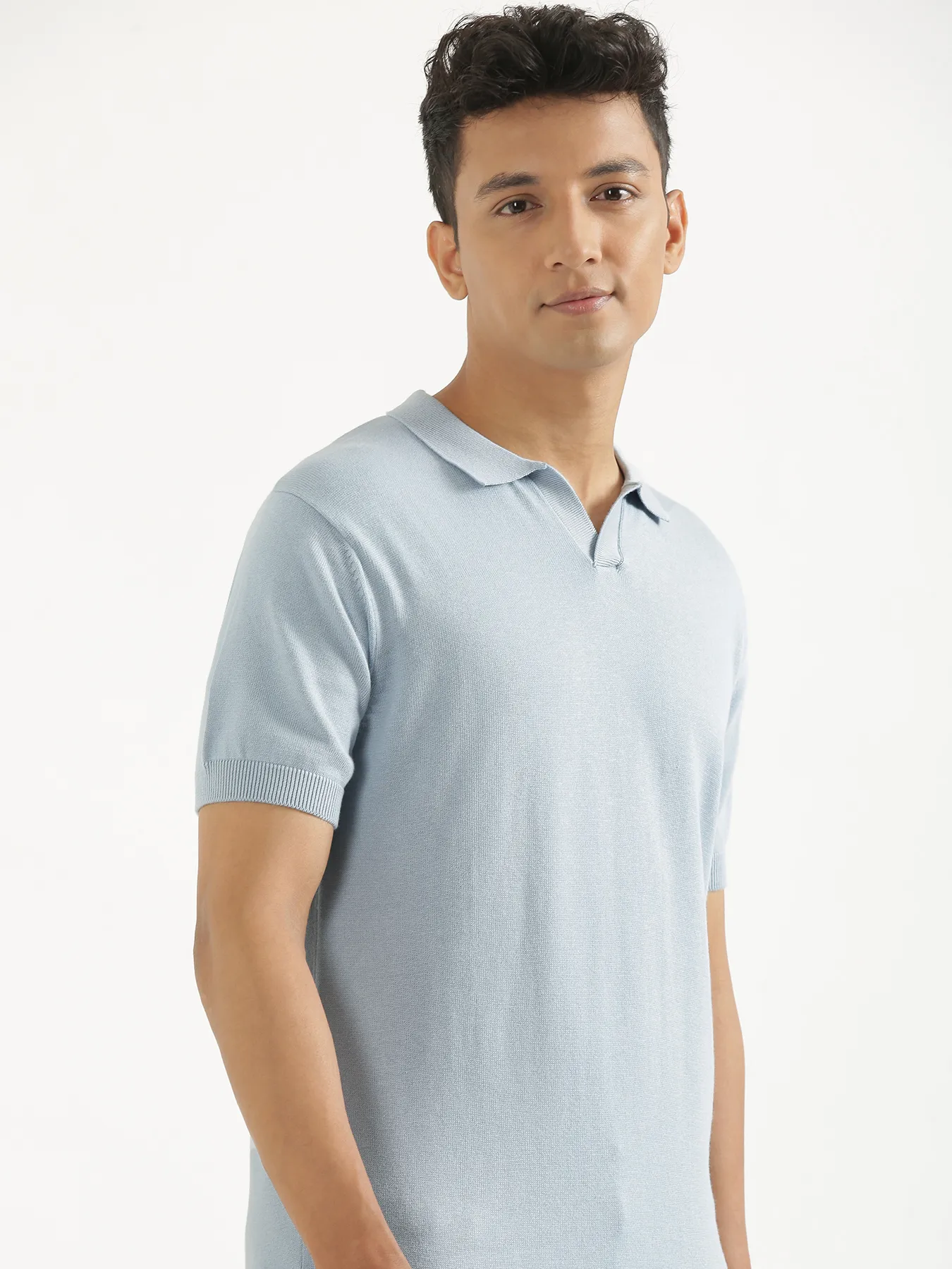 Men Light Blue Flat Knit Polo - Image 4