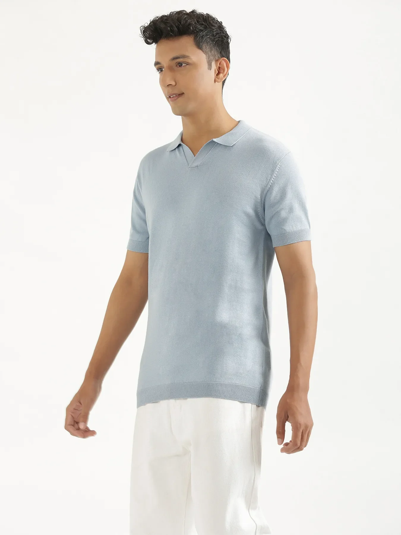 Men Light Blue Flat Knit Polo - Image 8