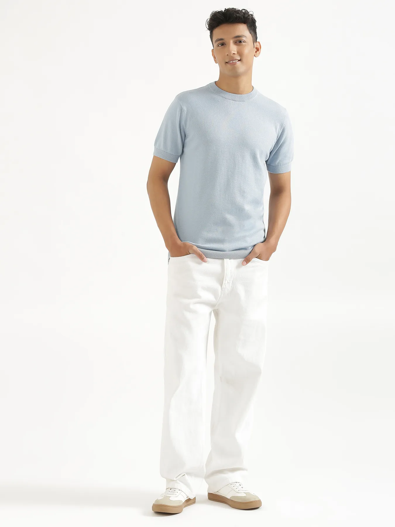 Men Light Blue Flat Knit Round Neck T-shirt - Image 3