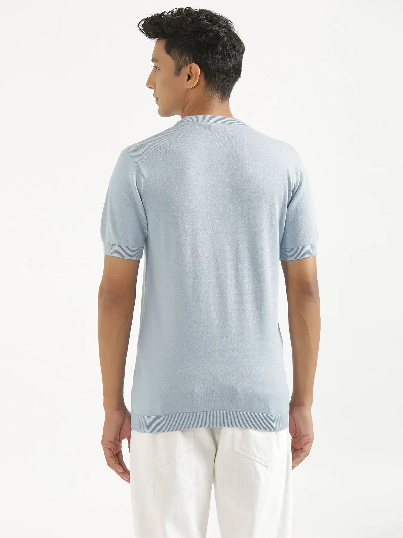 Men Light Blue Flat Knit Round Neck T-shirt - Image 6