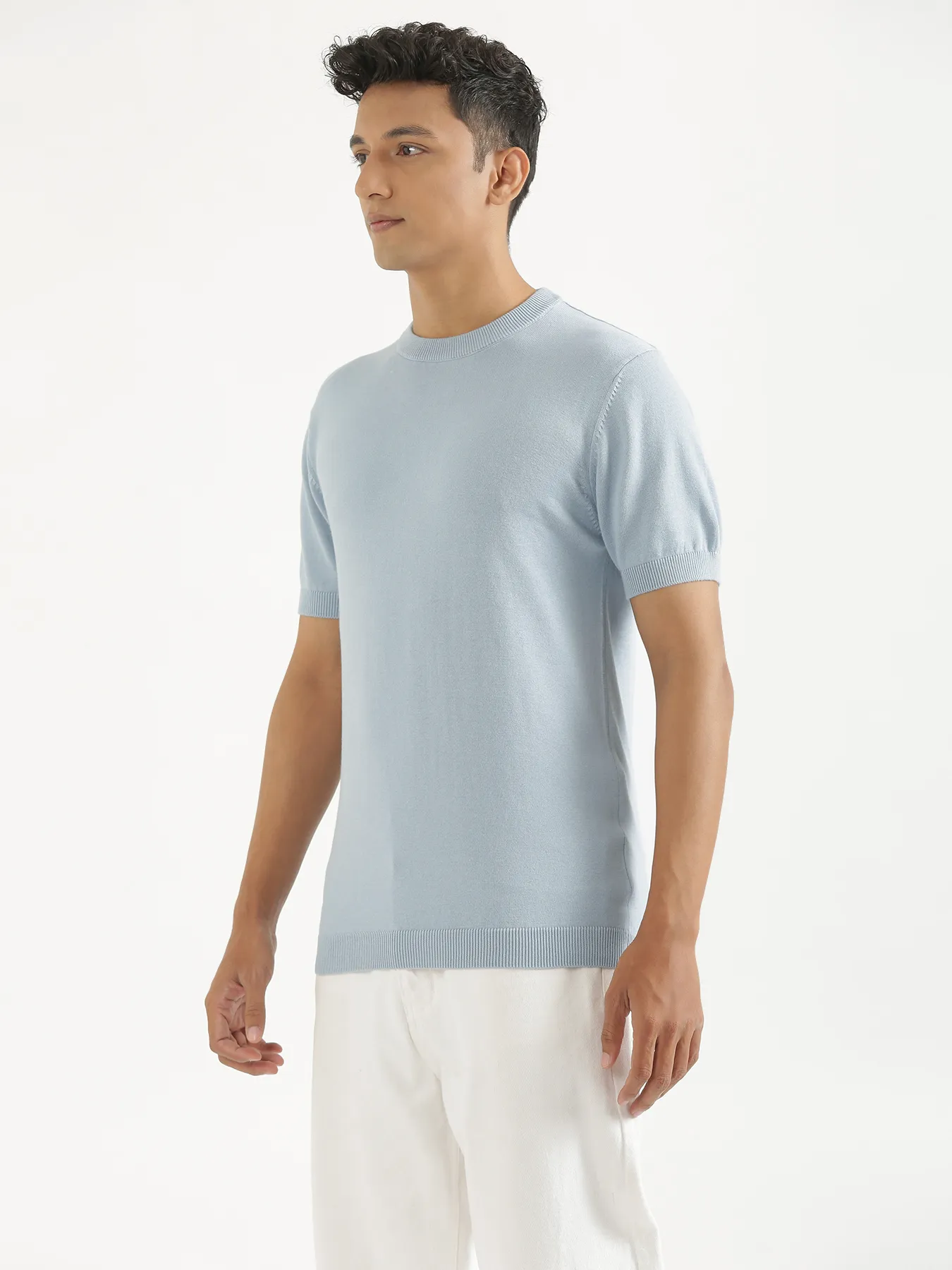 Men Light Blue Flat Knit Round Neck T-shirt - Image 8